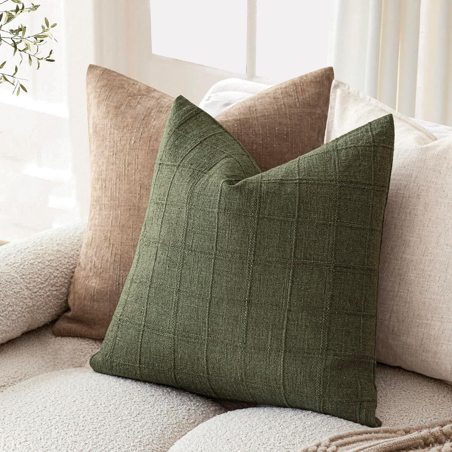 Foindtower Set of 2 Decorative Linen Check Throw Pillow Covers Neutral Farmhouse Vintage Cushion Covers Modern Boho Home Decor for Sofa Chair Couch Bedroom Living Room Outdoor,16×16 Inch,Olive Green