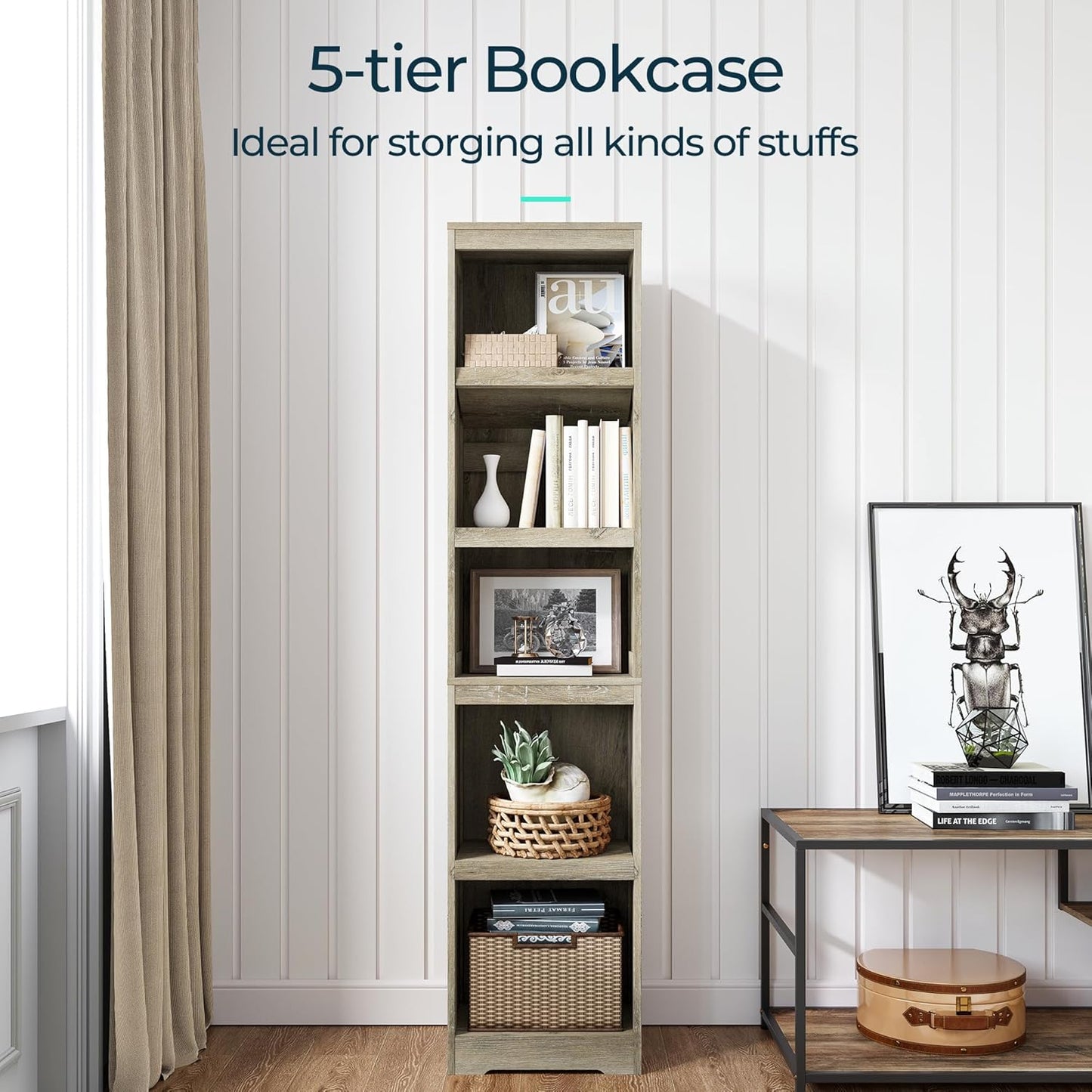 LINSY HOME 5-Shelf Bookcase, Narrow Bookshelves Floor Standing Display Storage Shelves 68 in Tall Bookcase Home Decor Furniture for Home Office, Living Room, Bed Room - Light Brown