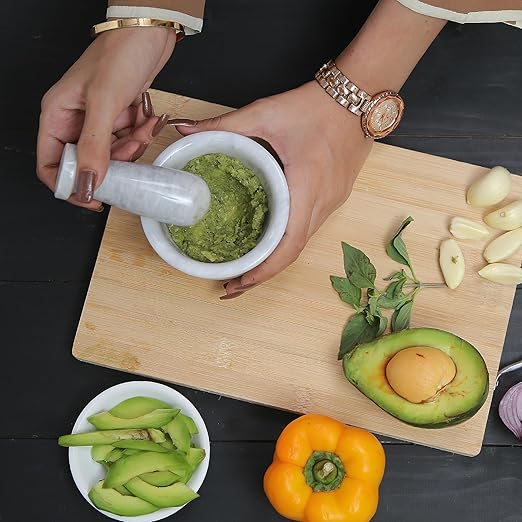 Exquisite Marble Mortar and Pestle Set - Your Ultimate Kitchen Essential for Grinding Spices, Making Guacamole, Salsa, Pesto, and Crushing Pills (White, Bowl Shape (4"))