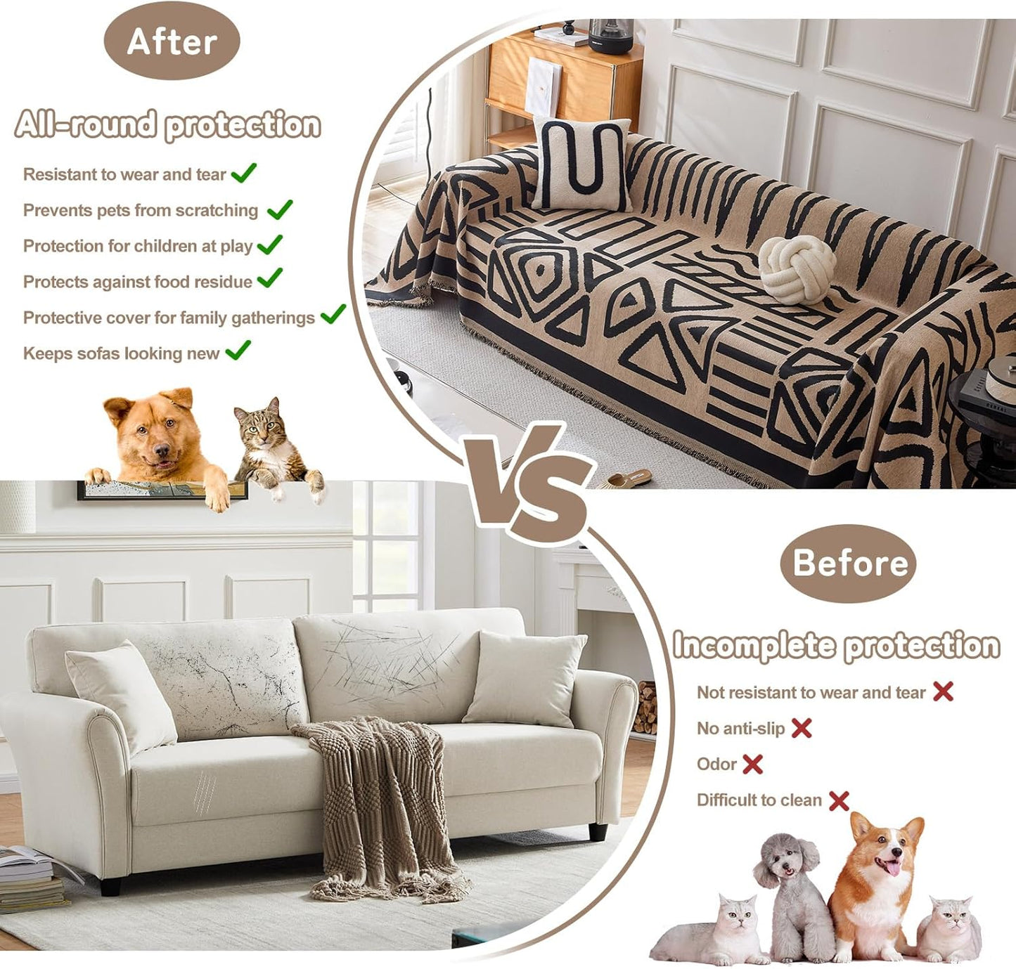 HANDONTIME Boho Geometric Couch Covers for Sofa Pet Friendly Taupe and Black Sofa Covers Washable Chenille Couch Blanket Cover for 3 4 Cushion Couches Pet Protector Furniture Cover Soft, 71" X 134"