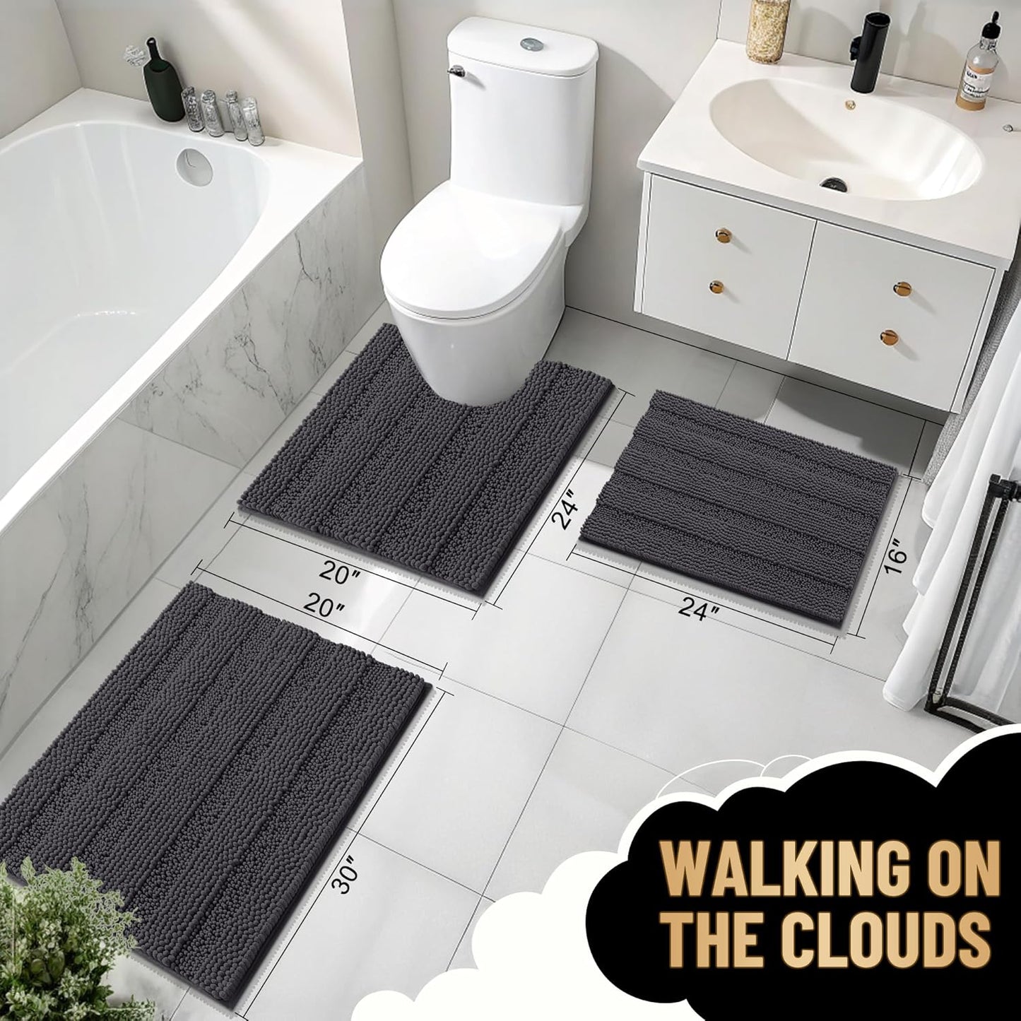 OLANLY Thick Bathroom Rugs 44x24, Extra Soft Absorbent Chenille Striped Bath Rugs, Rubber Backing, Machine Wash Dry, Bath Mats for Bathroom Floor, Tub and Shower, Home Decor Accessories, Dark Grey
