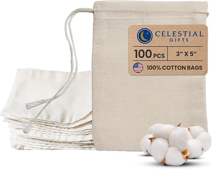 Celestial Gifts Muslin Drawstring Bags - 100pcs, 3x5, Reusable for Tea, Jewelry, Spice, Cotton Gift Sachets - 100% Cotton, Made in USA (Natural Hem & Drawstring)