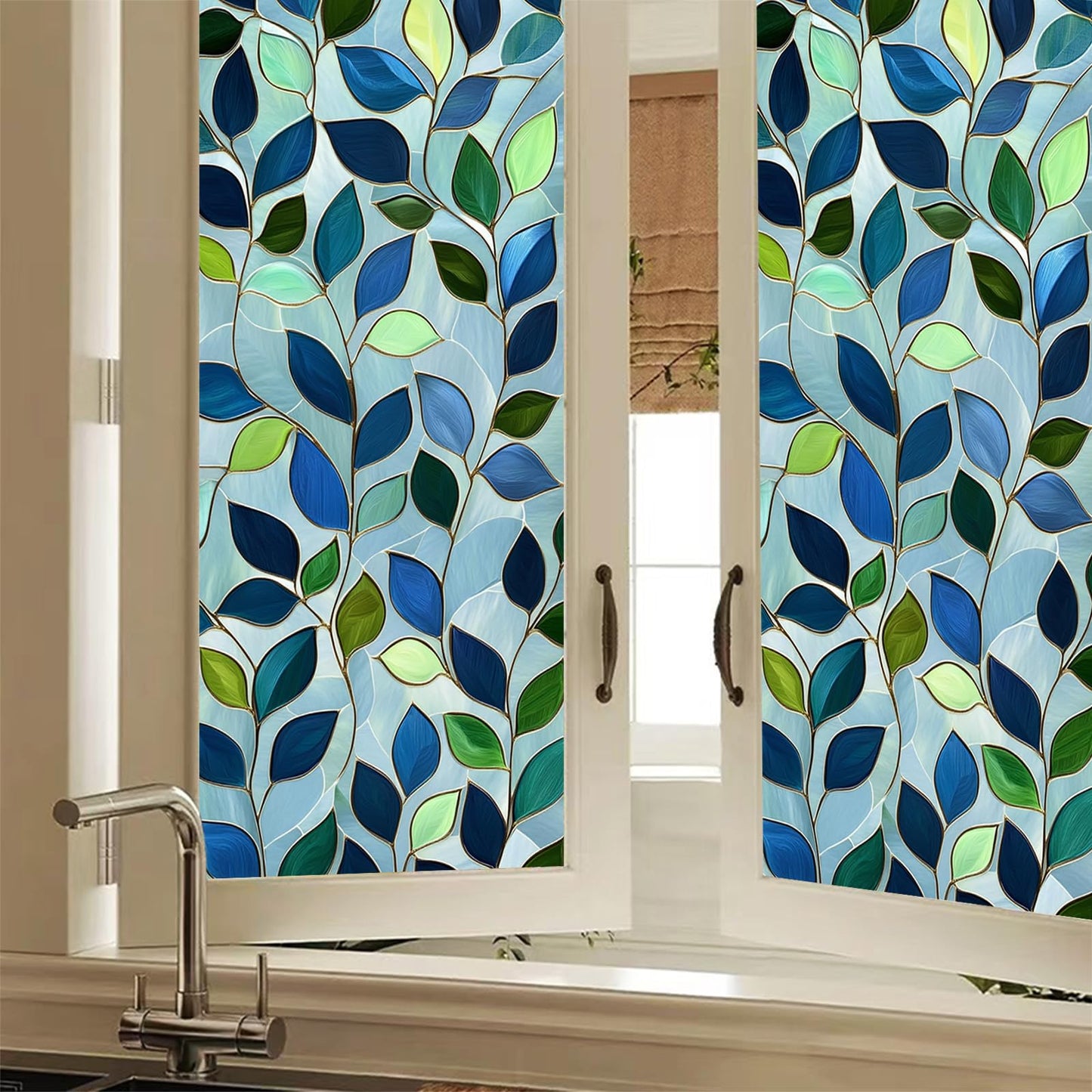HOMETITUTE Green Leaf Window Privacy Film Blue Stained Glass Privacy Stained Glass Window Film Decorative Living Room Sun Blocking Decor Removable Static Cling Sticker 17.71x39.97inch