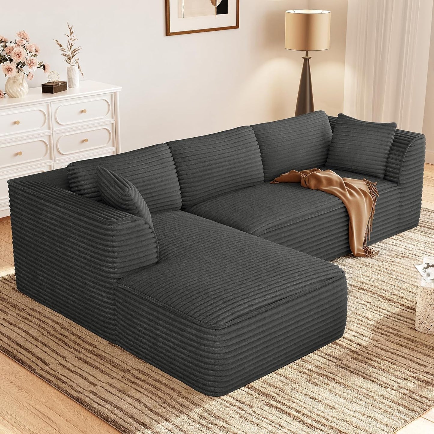 Vesgantti 106" Boneless Couch with Chaise, Deep Seat Comfy Cloud Modular Sofa Corduroy Memory Foam Sectional Couches for Living Room Bedroom, No Assembly Required (Grey, Left-Facing Chaise)
