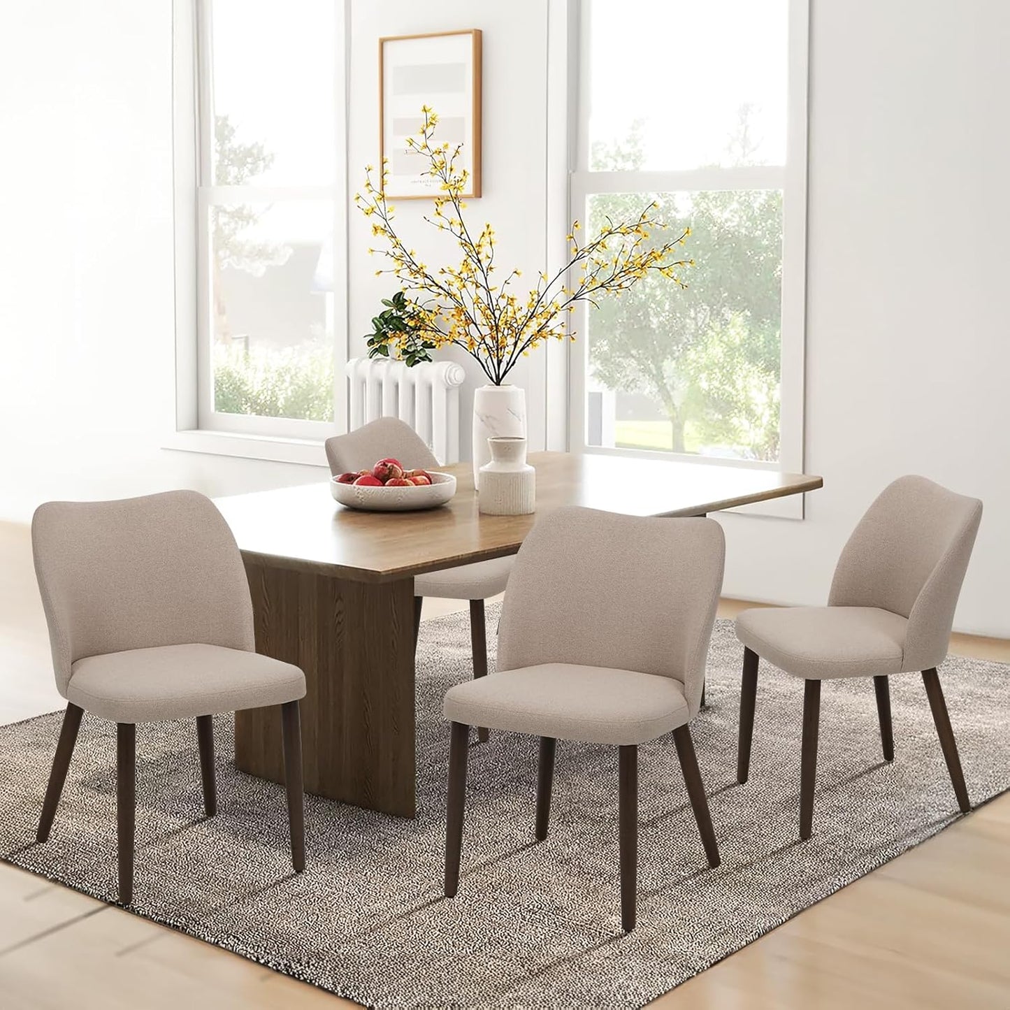 COLAMY Upholstered Dining Chairs Set of 4, Fabric Dining Room Kitchen Chairs with Padded Seat and Wood Legs for Restaurant/Cafe, Camel