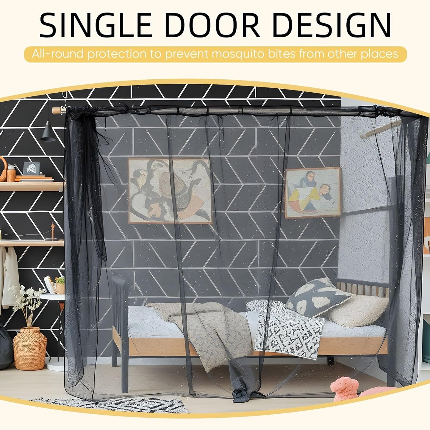 4 Corners Mosquito Net for Mosquiteros para Camas Bed Canopies Netting Bed Drapes Rectangular Mosquito Mesh for Camping Home Outdoor Travel(Black,L79 X W47 X H59 Inch,Opening)