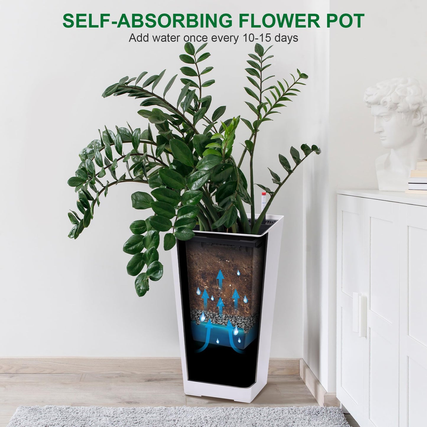 MilleLoom 22.5" Tall Outdoor Planters Set of 2, Indoor Outdoor Plant Pot with Water Level Monitor, Drainage Holes & Inner Bucket, Self Watering Flower Pots for Garden, Porch, Patio, White