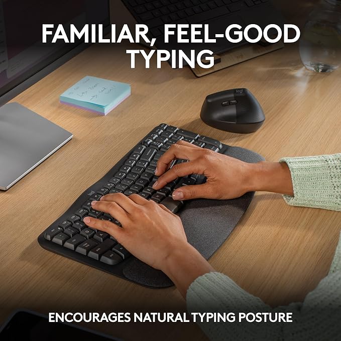 Logitech Wave Keys Wireless Ergonomic Keyboard with Cushioned Palm Rest, Comfortable Natural Typing, Easy-Switch, Bluetooth, Logi Bolt Receiver, for Multi-OS, Windows/Mac - Graphite