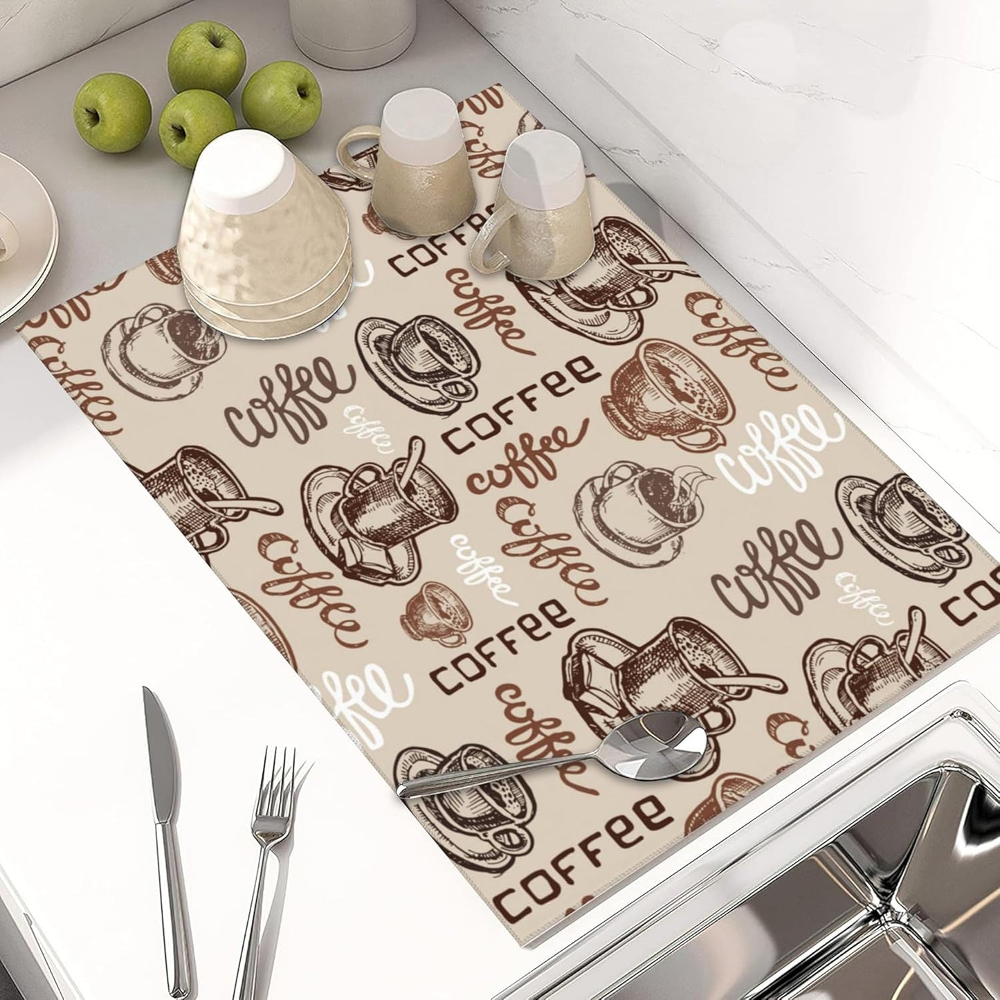 Large Dish Drying Mat for Kitchen Counter,18"X24" Vintage Coffee Theme Patterns Super Absorbent Reversible Microfiber Dish Drying Mat Dish Drainer Mat Drying Pad for Kitchen Countertop Coffee Bar