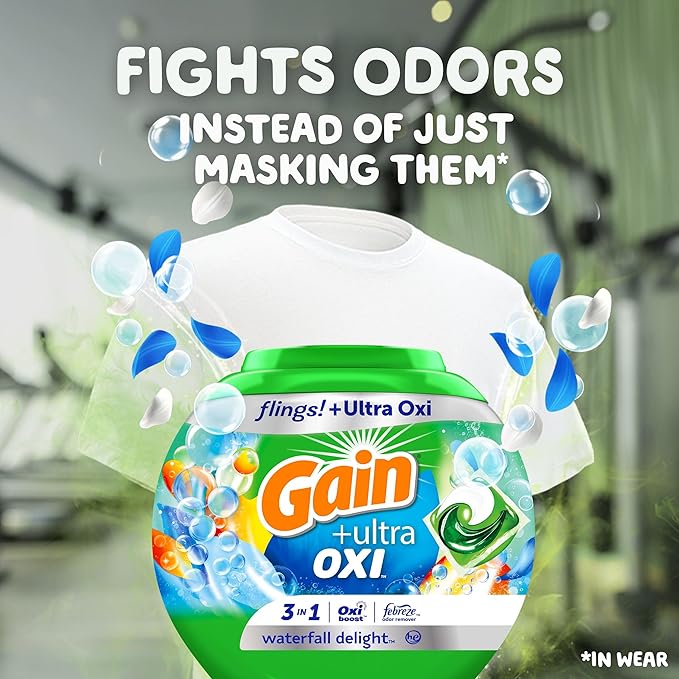 Gain Flings Ultra Oxi Laundry Detergent Pacs, 112 Count, Waterfall Delight Scent, with Odor Defense, concentrated laundry soap pacs