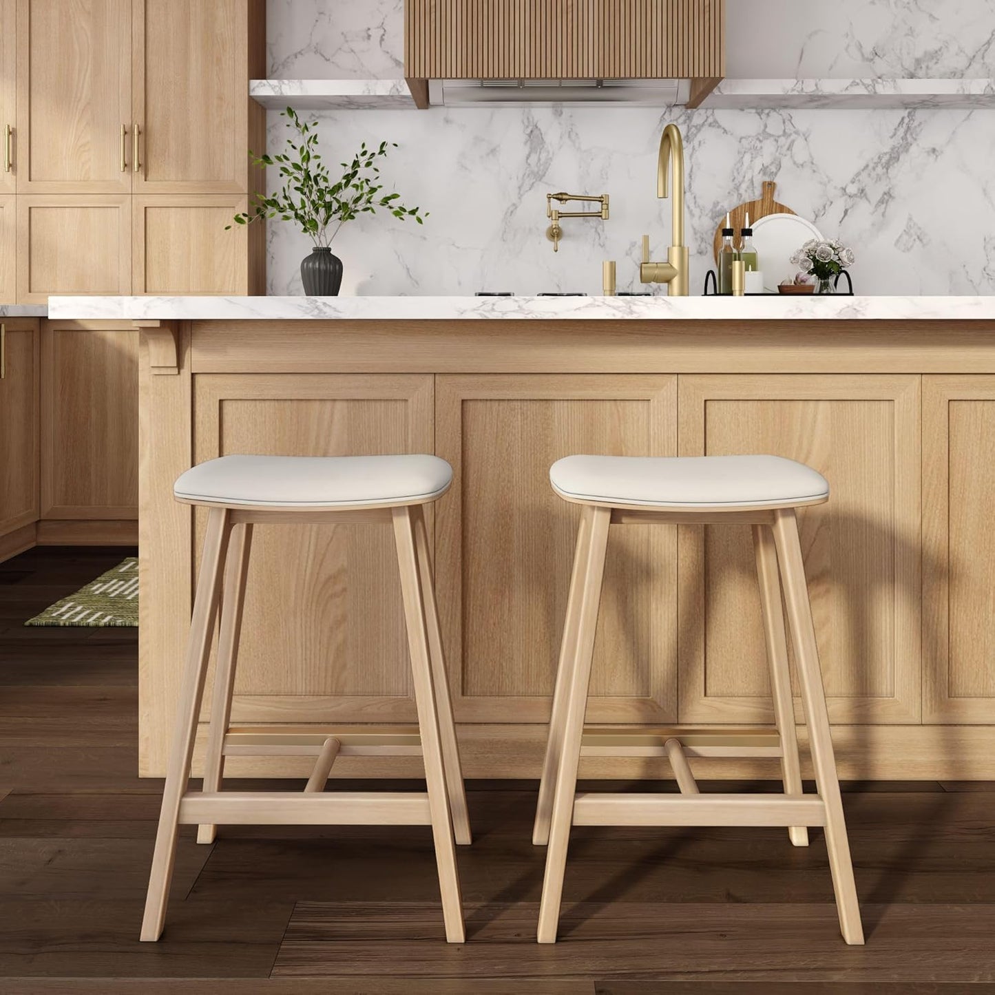 Plank+Beam Beryl Counter Height Stool - Mid-Century Modern Rubberwood Bar Stool with Faux Leather Seat, Metal Footrest, Easy Assembly, 4-Pack, Blonde/Sesame