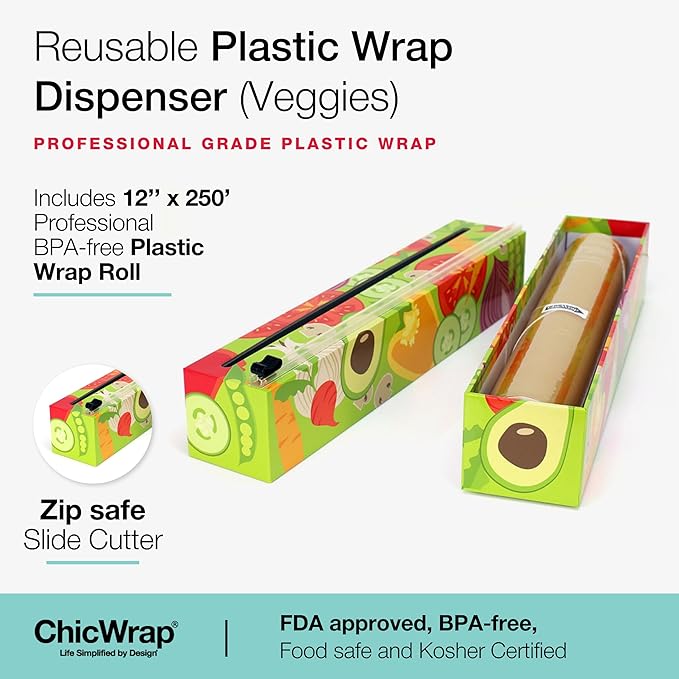 Chicwrap Veggies Refillable Plastic Wrap Dispenser - Includes One 12" x 250' Roll of Professional Grade Plastic Wrap - BPA Free and Kosher Certified - Reusable Dispenser w/Slide Cutter