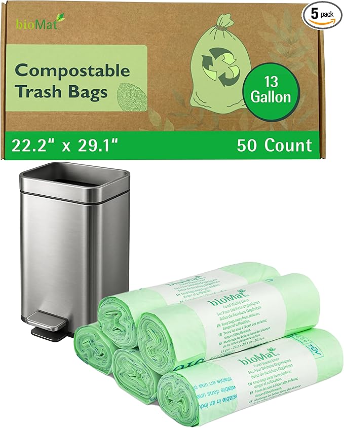 bioMat 13 Gallon Compostable Compost Liners, 50 Count, BPI ASTM D6400 and CMA Certified, Compostable Tall Kitchen Garbage Bags, Trash Bags for Food Waste