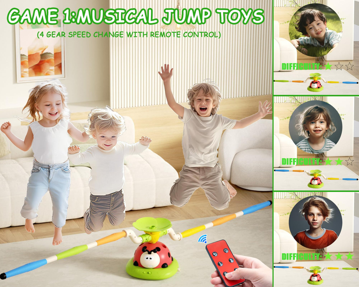 Pobaiyi 5 in 1 Musical Jump Toys, Toss Ring Game Stomping Launch Rocket Launcher for Kids, Obstacle Avoidance & Jump Squating Toy Games Remote Control Outdoor & Indoor Toys for Ages 4-8 8-13