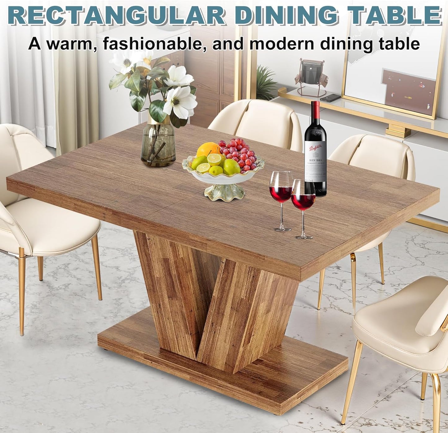 Dining Table for 4-6, 47" Farmhouse Dinner Table with with Wooden Tabletop and Heavy Duty Pedestal Wooden Rectangular Kitchen Tables for Dining Room, Kitchen, Living Room, Walnut Brown