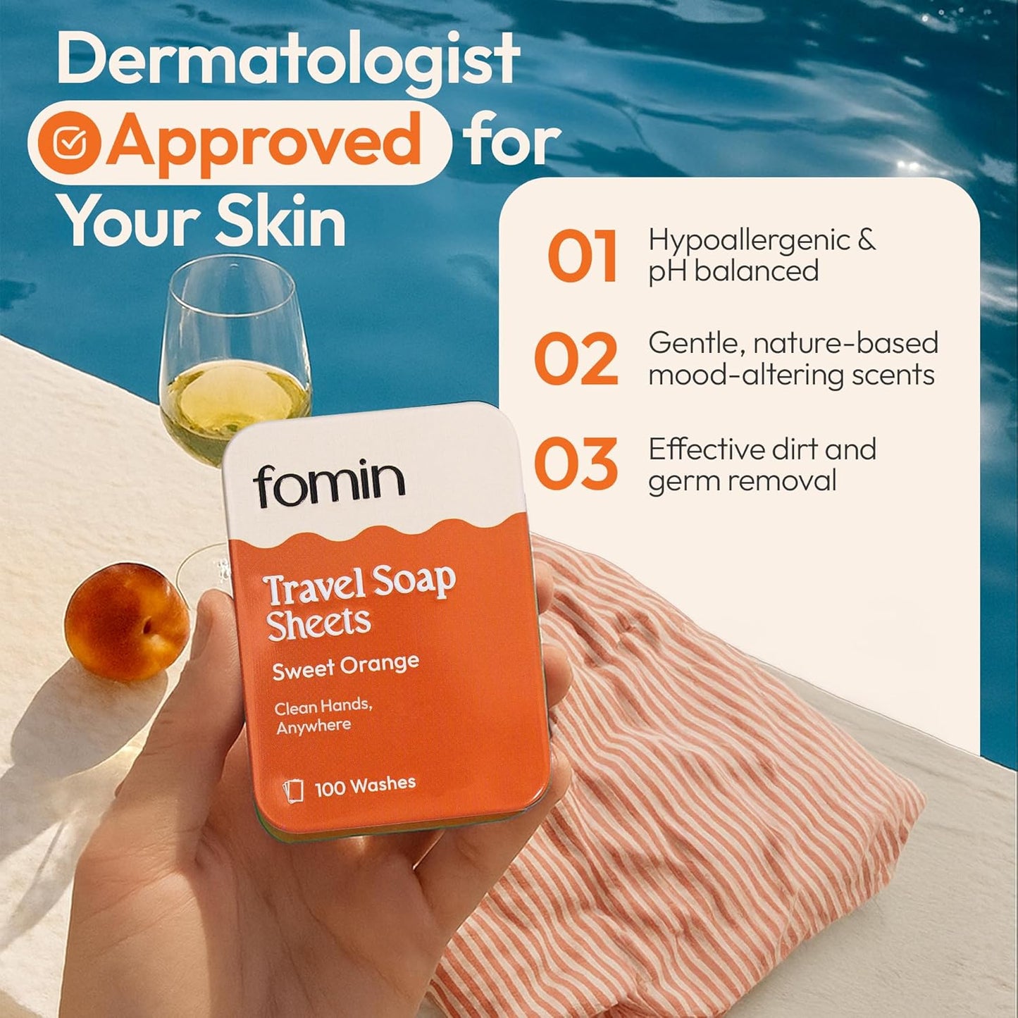 FOMIN - Antibacterial Paper Soap Sheets Tin for Traveling - (300 Sheets) Variety Pack (Unscented, Orange, Lemon) Portable Travel Hand Soap Sheets, Dissolvable Mini Camping Hand Soap for Hand Washing