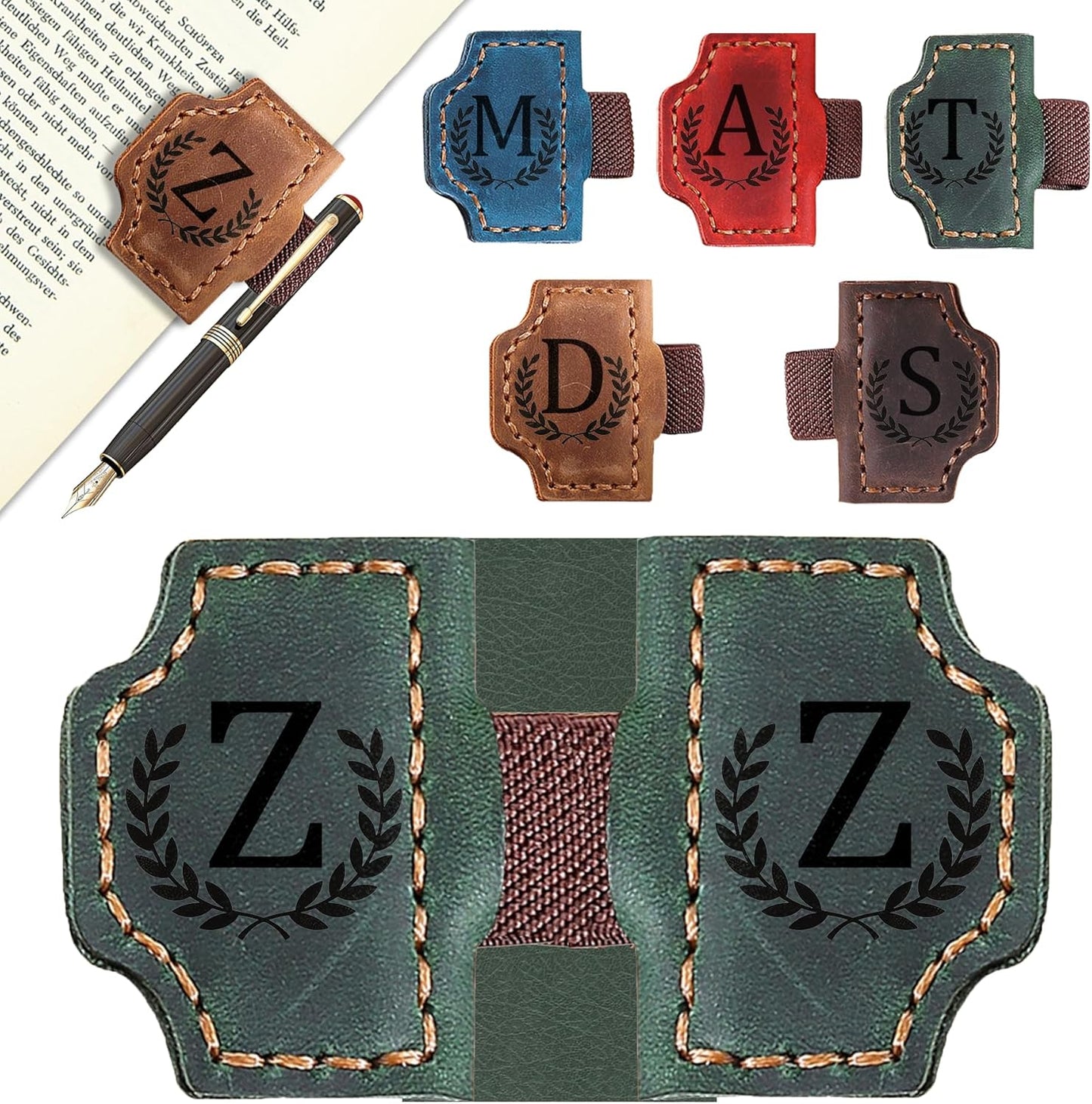 Bygone Mark Bookmark with Pen Holder, 26 Letters Name Initial Personalized Magnetic Bookmarks, Leather Book Mark for Men Women, Travelers Accessories, Teachers Readers Book Lovers Gifts (Green, Z)
