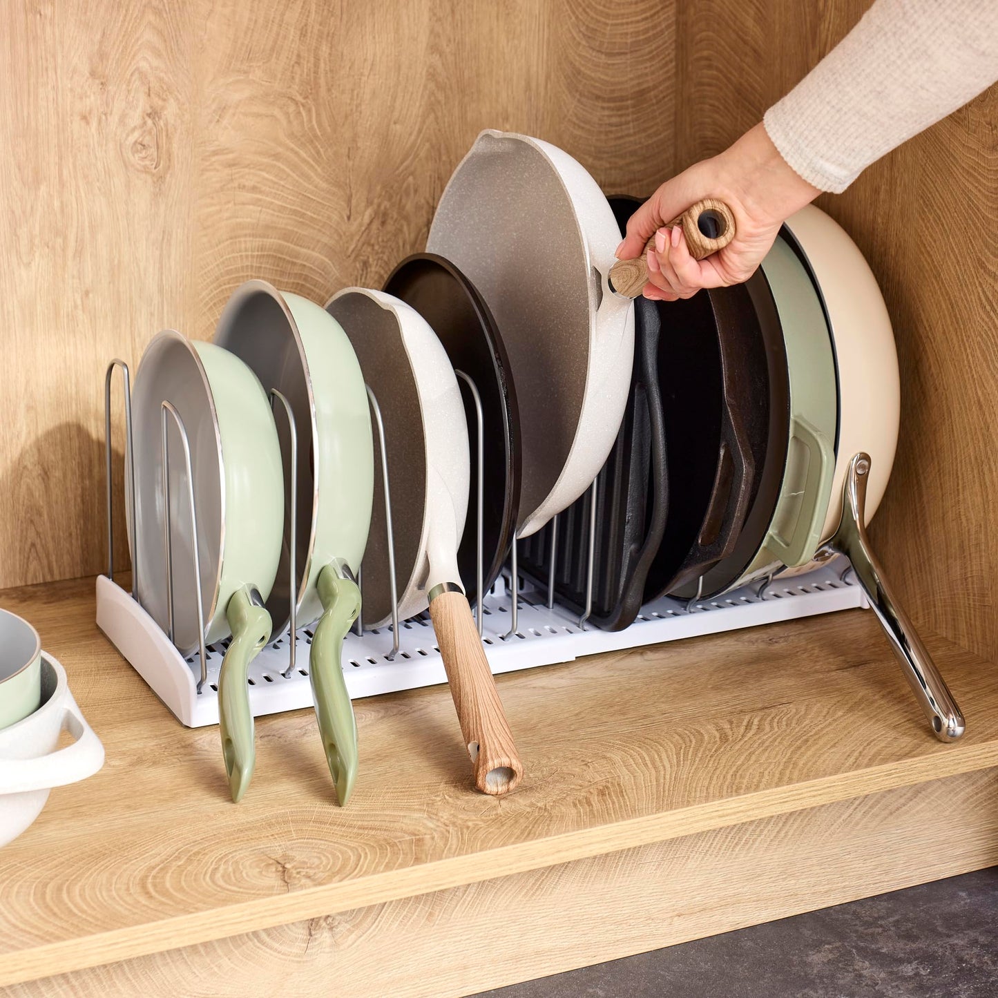 YouCopia StoreMore Expandable Cookware Rack with Tall Steel Wires, 12.5"-22" Wide Adjustable Pan Organizer for Kitchen Cabinet Storage, Premium Edition