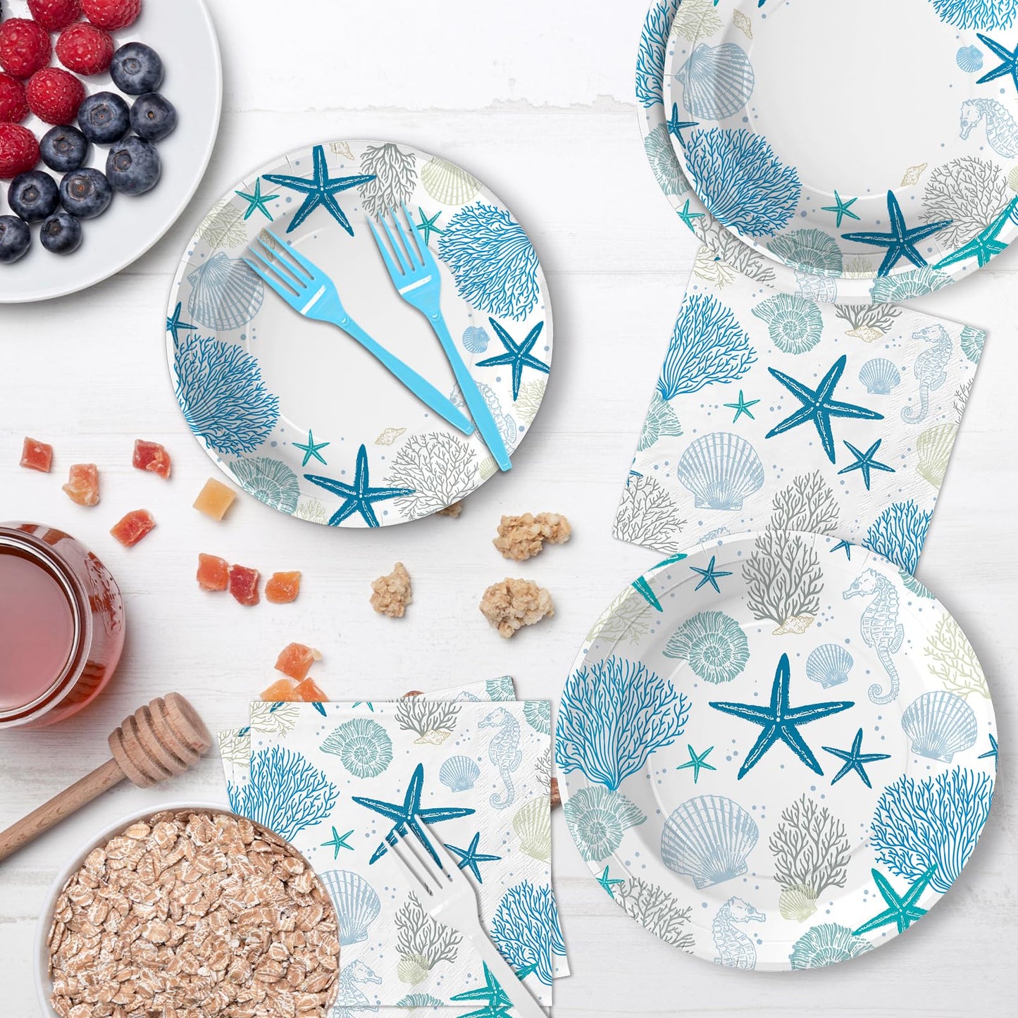 96Pcs Coastal Beach Party Decorations Blue Seashell Starfish Coral Plates and Napkins Sets Nautical Ocean Birthday Party Decorations for Summer Beach Baby Shower Wedding Party Supplies Serves 24
