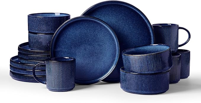 Famiware Star Dinnerware Set with Mugs, Service for 4 (16pcs), Ribbed Stoneware Plates and Bowls Dishes Sets - Chip & Scratch Resistant, Microwave & Dishwasher Safe, Nebulas Blue