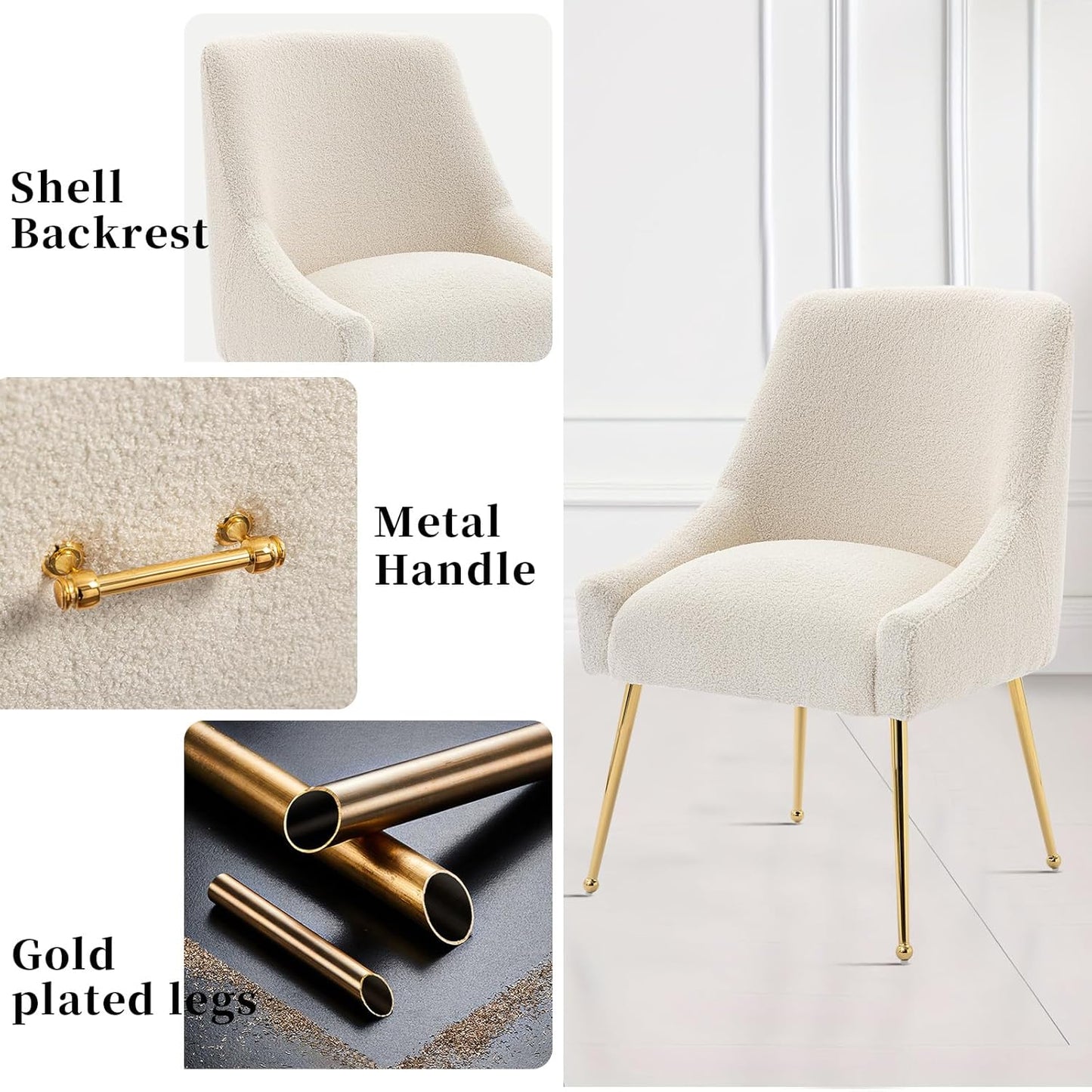Modern Velvet Dining Chairs Set of 4, Contemporary Upholstered Furniture Collection with Polished Gold Metal Legs, Elegant Accent Chairs for Kitchen Living Room(Teddy Fleece,Beige)