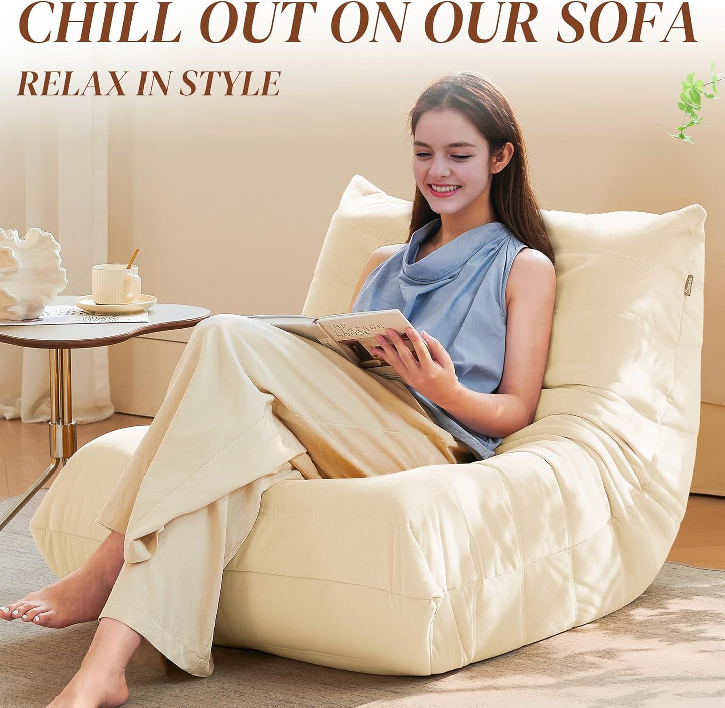 Bean Bag Chair, Fireside Chair Bean Bag Sofa for Adults, Bean Bag Chairs for Teens with High-Resilience Foam, Memory Foam & Non-Slip Base Bean Bag for Living Room, Bedroom, Office (Suede,White)