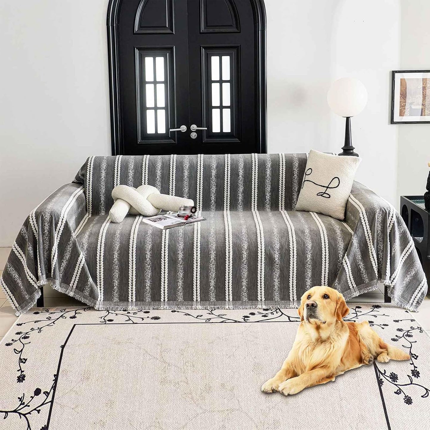 Couch Cover for Dogs Washable Sofa Cover, Sectional Couch Covers, Sofa Covers for 2 Cushion Couch, Non Slip Stripe Sofa Slipcovers Furniture Protector, Couch Protector from Cat Claws, Grey,71''x118''