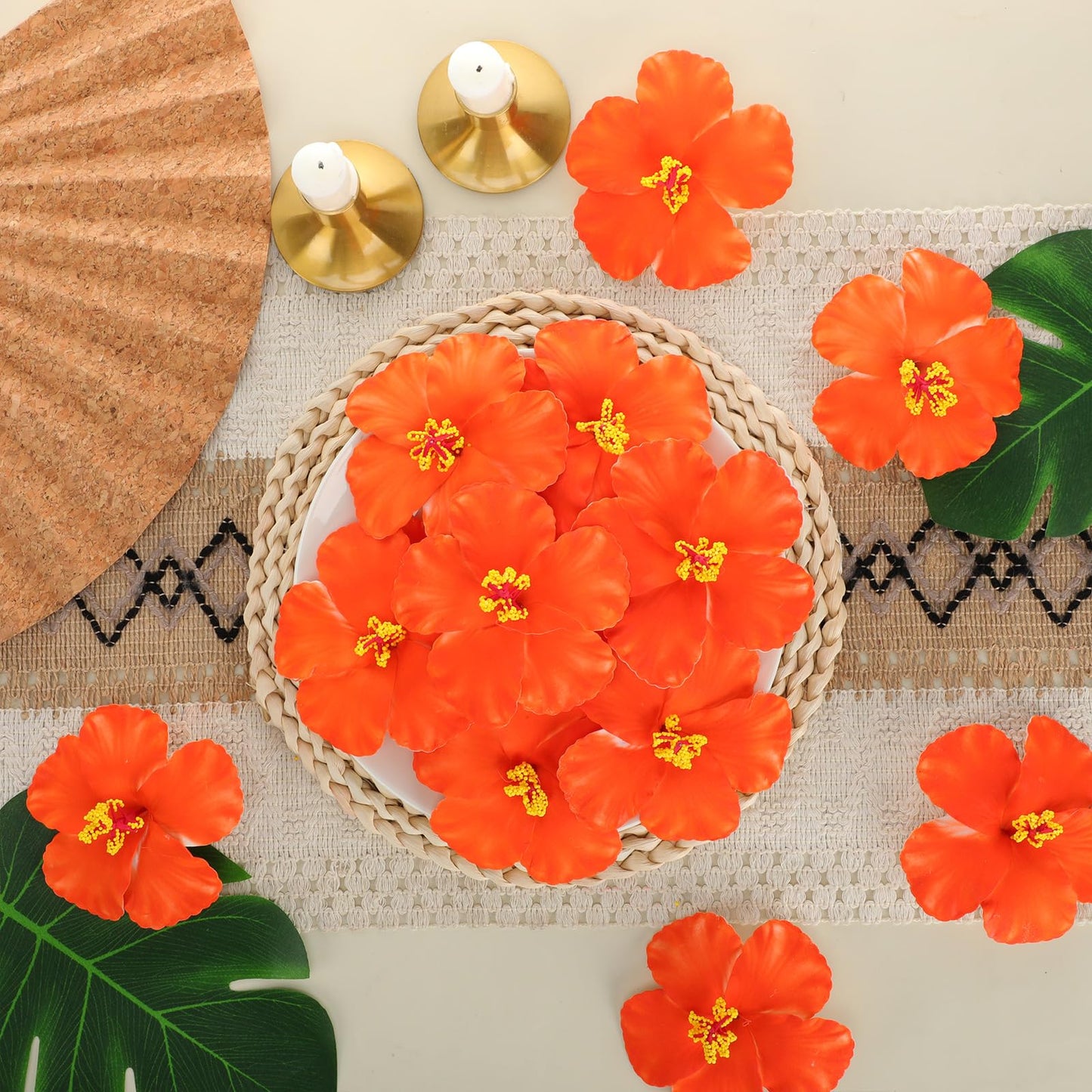 Hotop 24 Pcs Artificial Hibiscus Flowers Orange Hawaiian Fake Flowers Faux Tropical Hibiscus Decoration for Luau Summer Party Decor DIY Crafts Cake Favors Supplies Table Centerpieces
