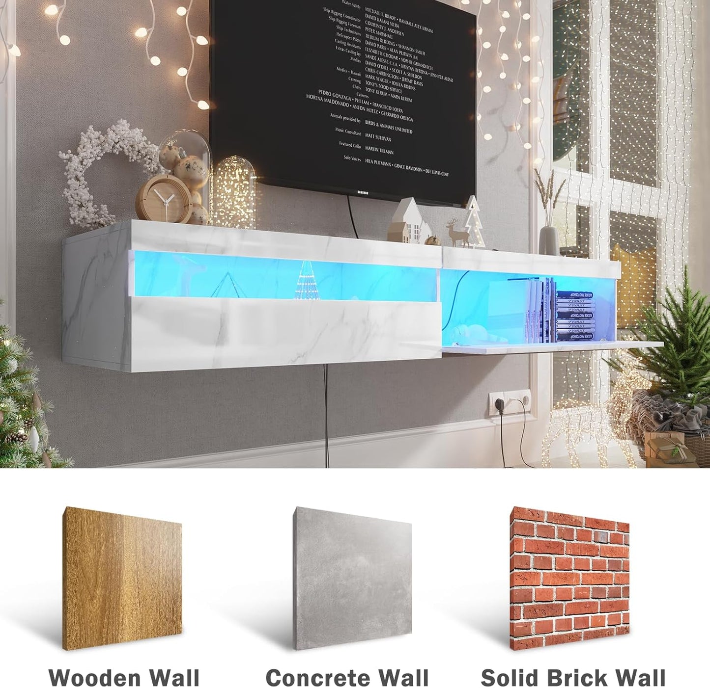 Floating TV Stand with Led Lights, 71 inch Wall Mounted TV Shelf with Power Outlet, Modern Entertainment Center Media Console with Storage Cabinet, Up to 80 Inch TVS, White Slate