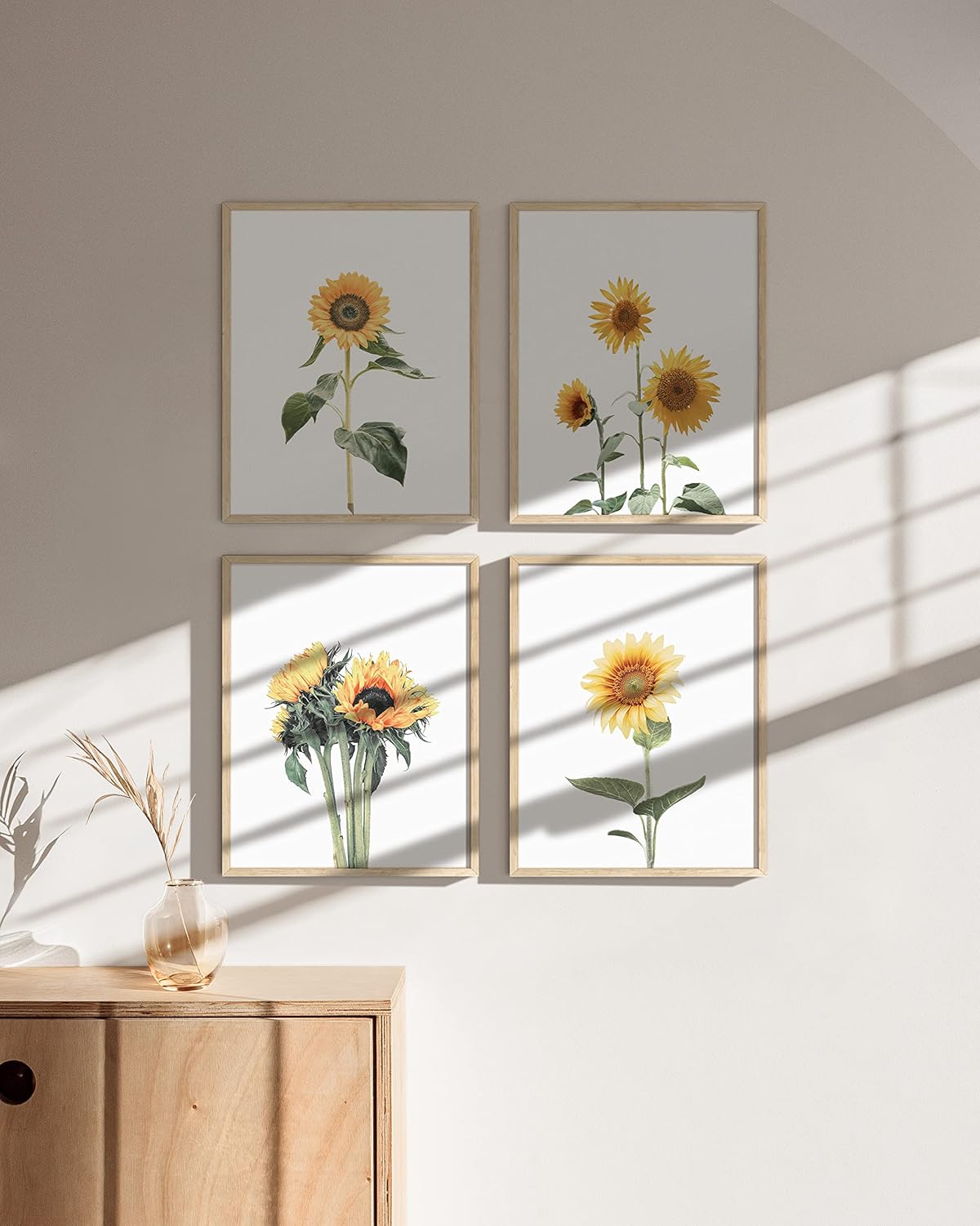 HAUS AND HUES Sunflower Posters - Set of 4, Floral Bedroom Decor, Sunflower Paintings for Wall, Yellow Kitchen Art (8x10, Beige Frame)