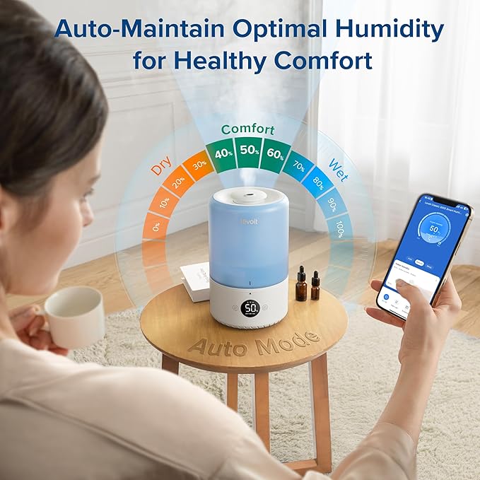 LEVOIT Smart Humidifiers for Bedroom Baby, Top Fill, Customize Humidity for Home, Plants with Humidistat, Essential Oil Diffuser, Schedule, Timer, APP & Voice Control, 3L, Blue