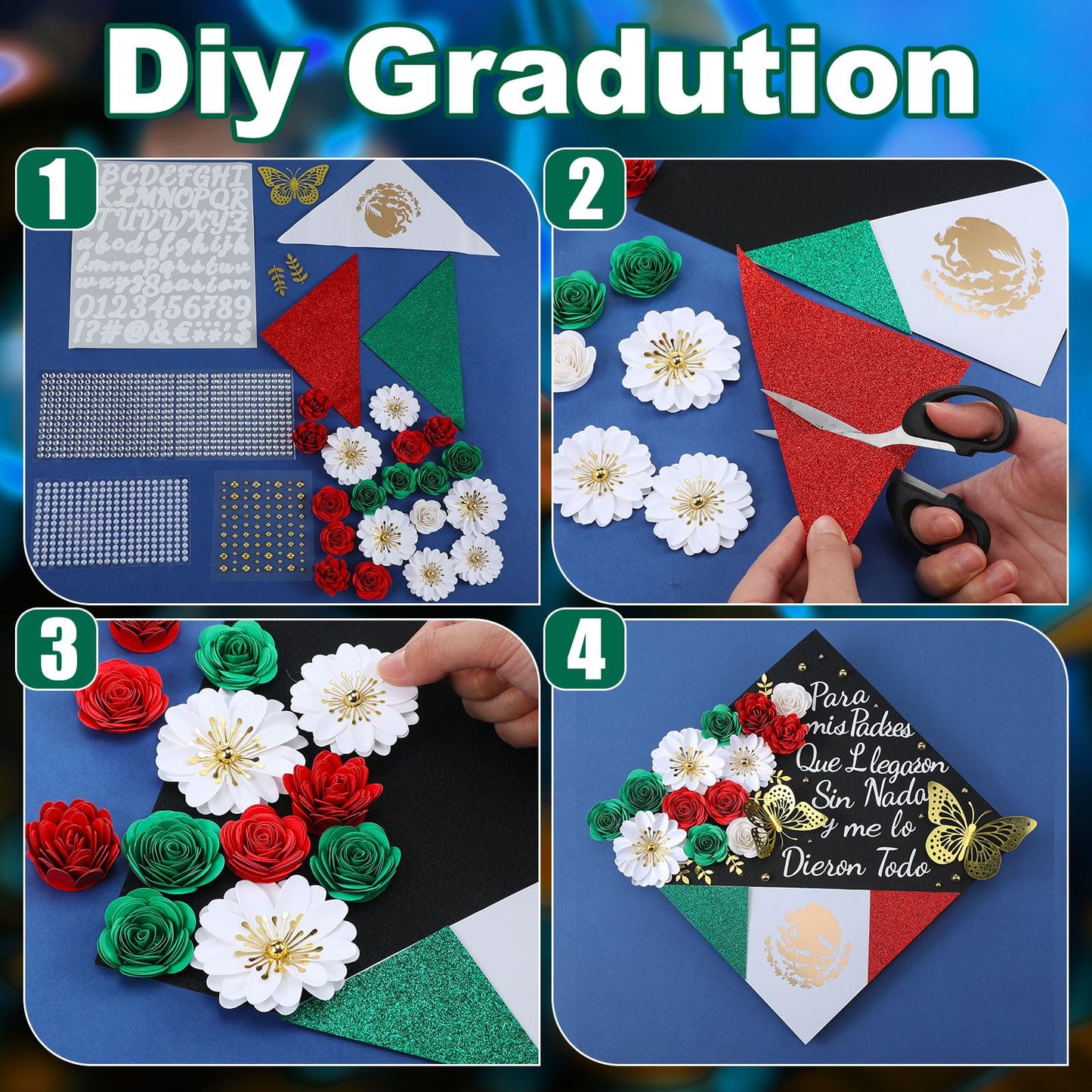 Humyoun 44 Pcs DIY Graduation Cap Decorations Kit, Mexican Graduation Stole Sash Flower Heads 3D Butterfly Stickers Glitter Rhinestones Pearl Stickers Alphabet Letter Number for Grad Cap Topper Gift