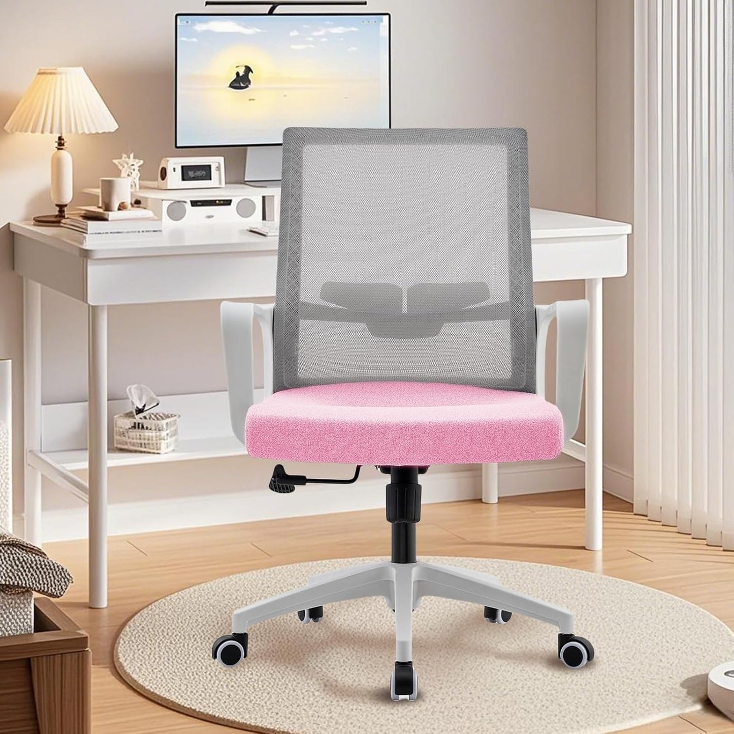 Office Chair ergonomically Designed with Breathable mesh backrest and Lumbar Support Adjustable Height Suitable for Offices Homes bedrooms Study Rooms Pink