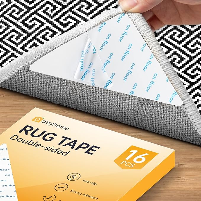 16 PCS Rug Tape, Rug Pad Gripper for Hardwood Floors, Double Sided Adhesive Carpet Tape, Reusable Anti Slip Rug Grips for Area Rugs to Keep Rug Corners Flat