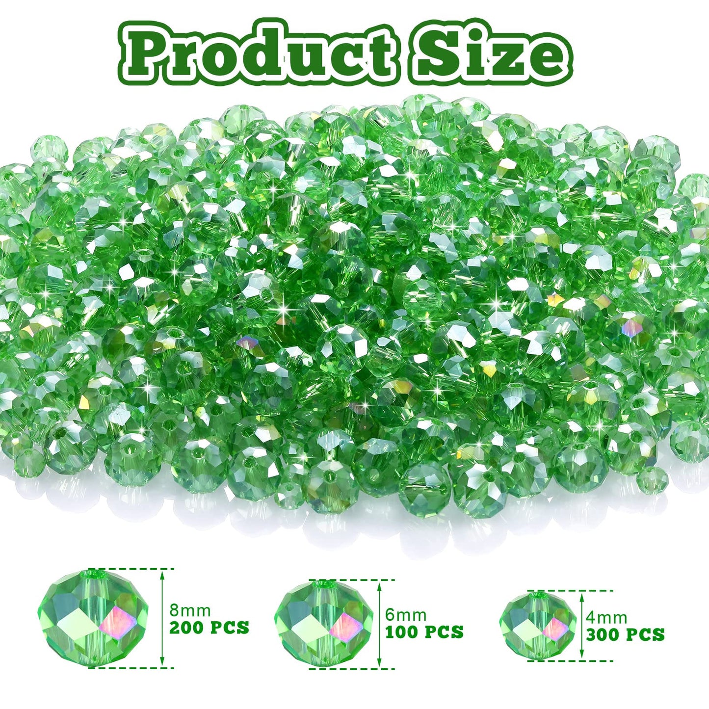 WILLBOND 600 Pcs Crystal Glass Beads for Jewelry Making Bulk Suncatcher Faceted Rondelle Loose Gemstone for Valentine's Day, Irish Holiday, Easter Bracelet DIY Crafts 8mm, 6mm, 4mm(Green)
