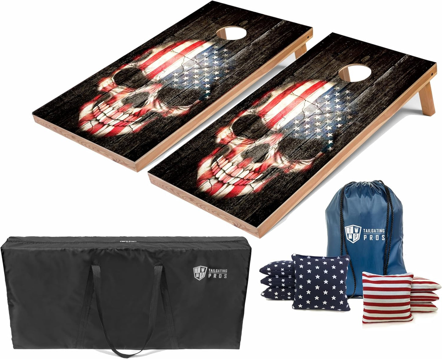 Tailgating Pros Cornhole Boards - 4'x2' Lightweight Regulation Flag & Patriotic Outdoor Themed Cornhole Game w/Carrying Case & Set of 8 Corn Hole Bean Bags w/Tote