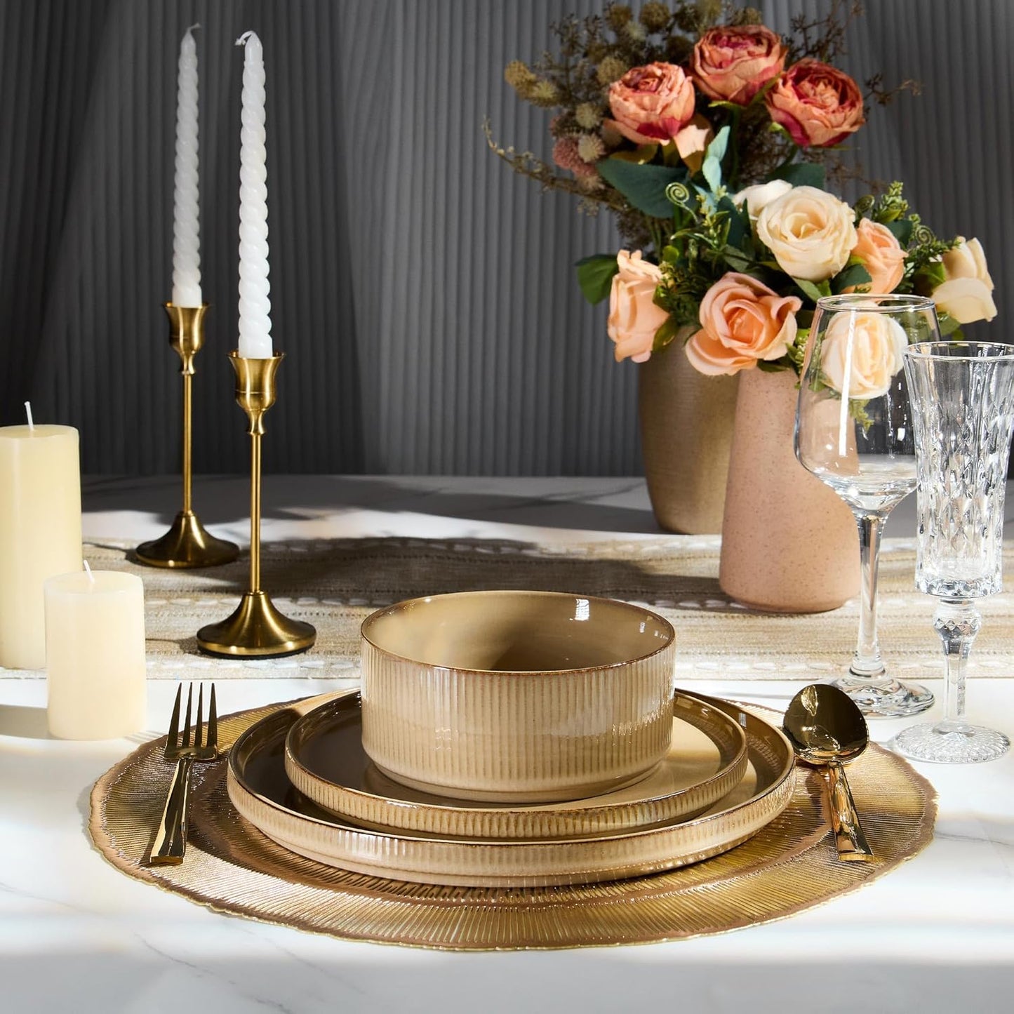 E-far 12-Piece Plates and Bowls Sets, Stoneware Dinnerware Dishes Sets for 4, Kitchen Modern Dining Dishware, Chip & Scratch Resistant, Microwave & Dishwasher Safe, Caramel Khaki