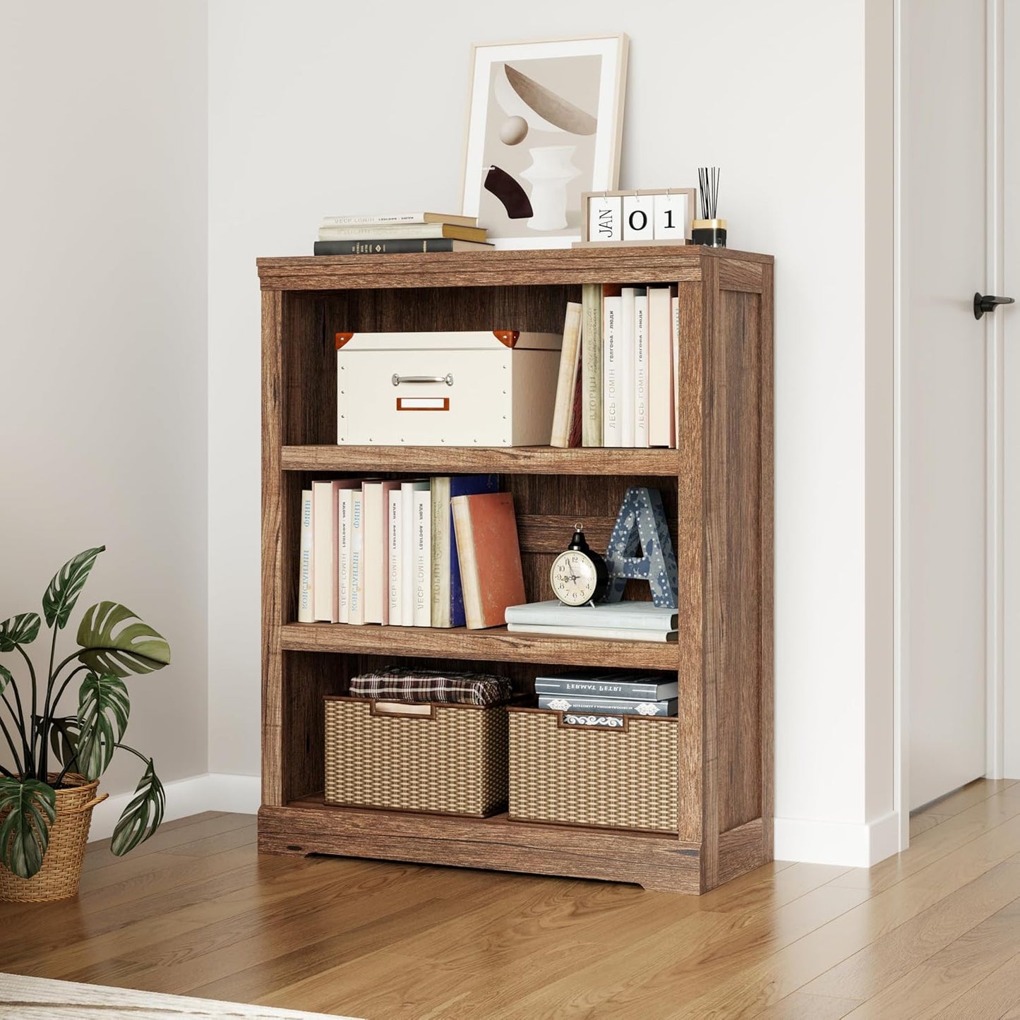 LINSY HOME 3-Tier Bookcase Display Storage Shelves Farmhouse Bookshelf for Home Office, Living Room, Bed Room - Dark Brown