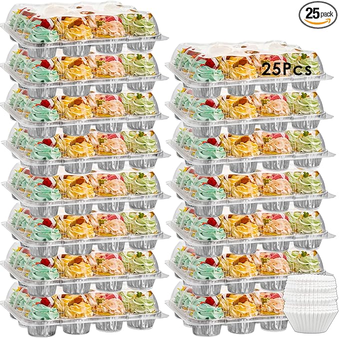 (12 Pack x 25 Sets) Stackable Cupcake Carrier with 300 Pack Cupcake Liners, Plastic Cupcake Boxes Holders for 12 Cupcakes, Cupcake Containers, Clear Disposable Cupcake Trays