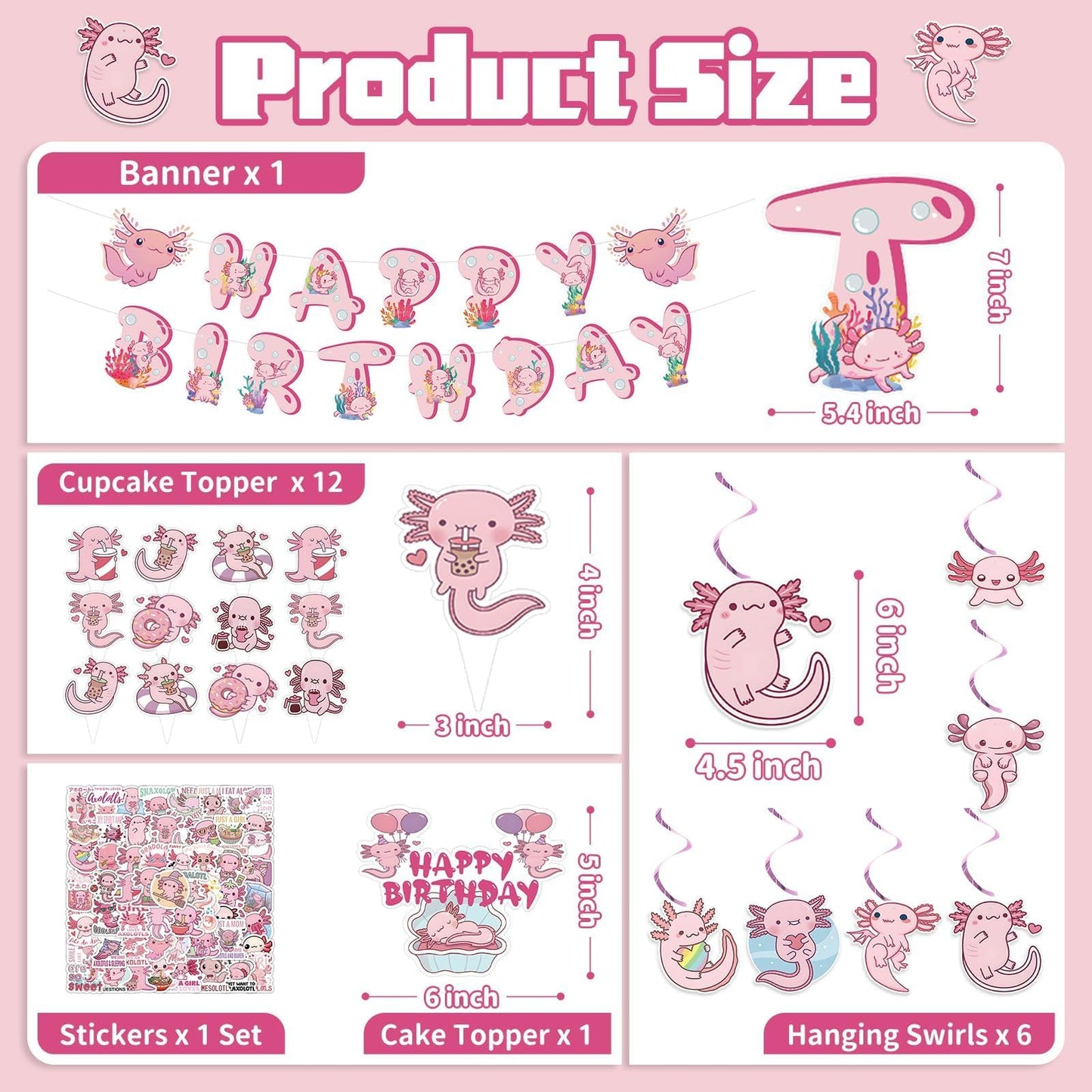 NeusWonder 120 PCS Axolotl Birthday Party Decorations Kit Axolotl Banner, Cake Topper, Cupcake Toppers, Hanging Swirls & Stickers Cute Axolotl Theme Party Supplies for Birthday, Party Decor