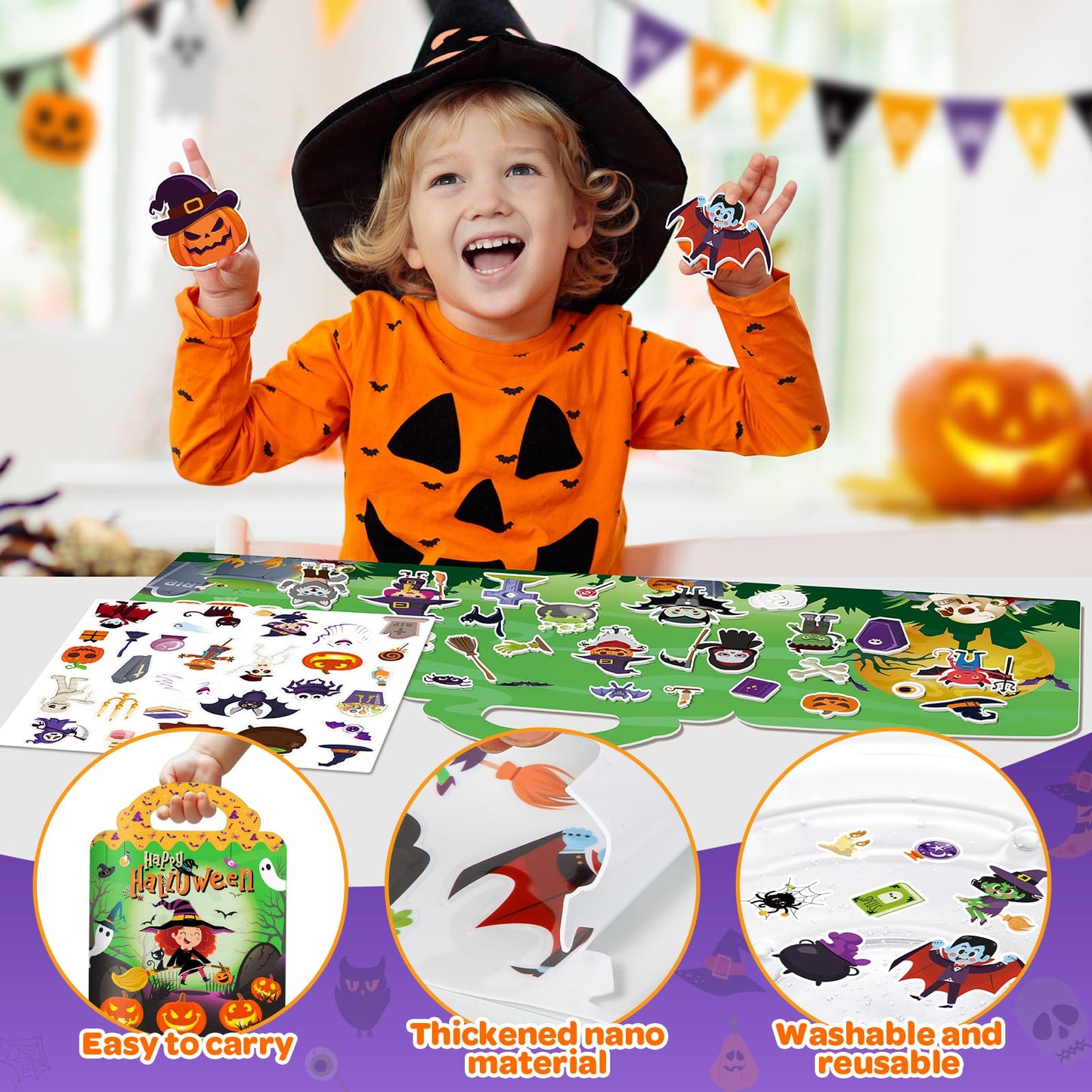4 Sets Halloween Reusable Sticker Books for Toddlers 1-3, Arts Crafts for Toddler 3-5, Activity Books for Kids 2-4, Toddler Toys Holiday Gifts Travel Toys Boo Basket Stuffers for Girls Boys