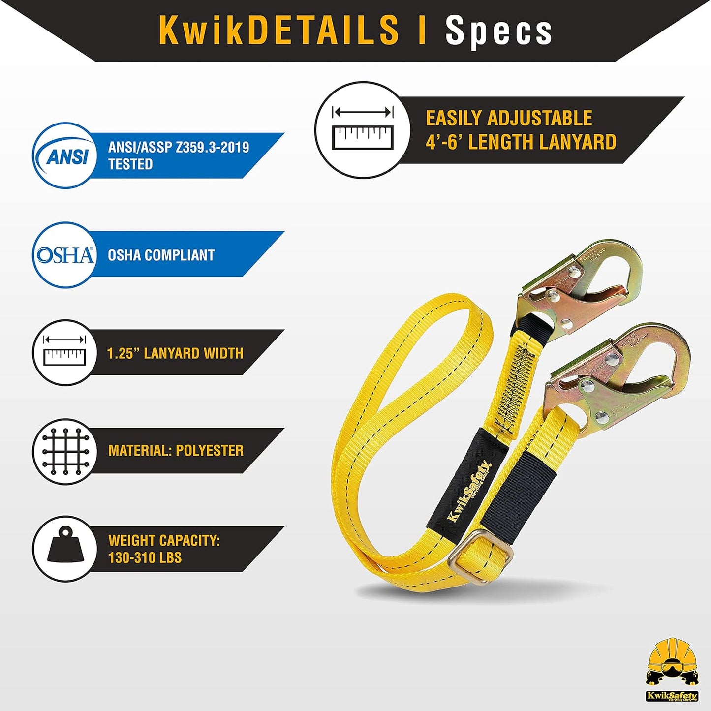 KwikSafety Positioning Lanyard - 4' to 6' Adjustable, No Shock Absorber, ANSI/OSHA Rated for Tree Climbing, Roof Work, Safety Harnesses - Copperhead