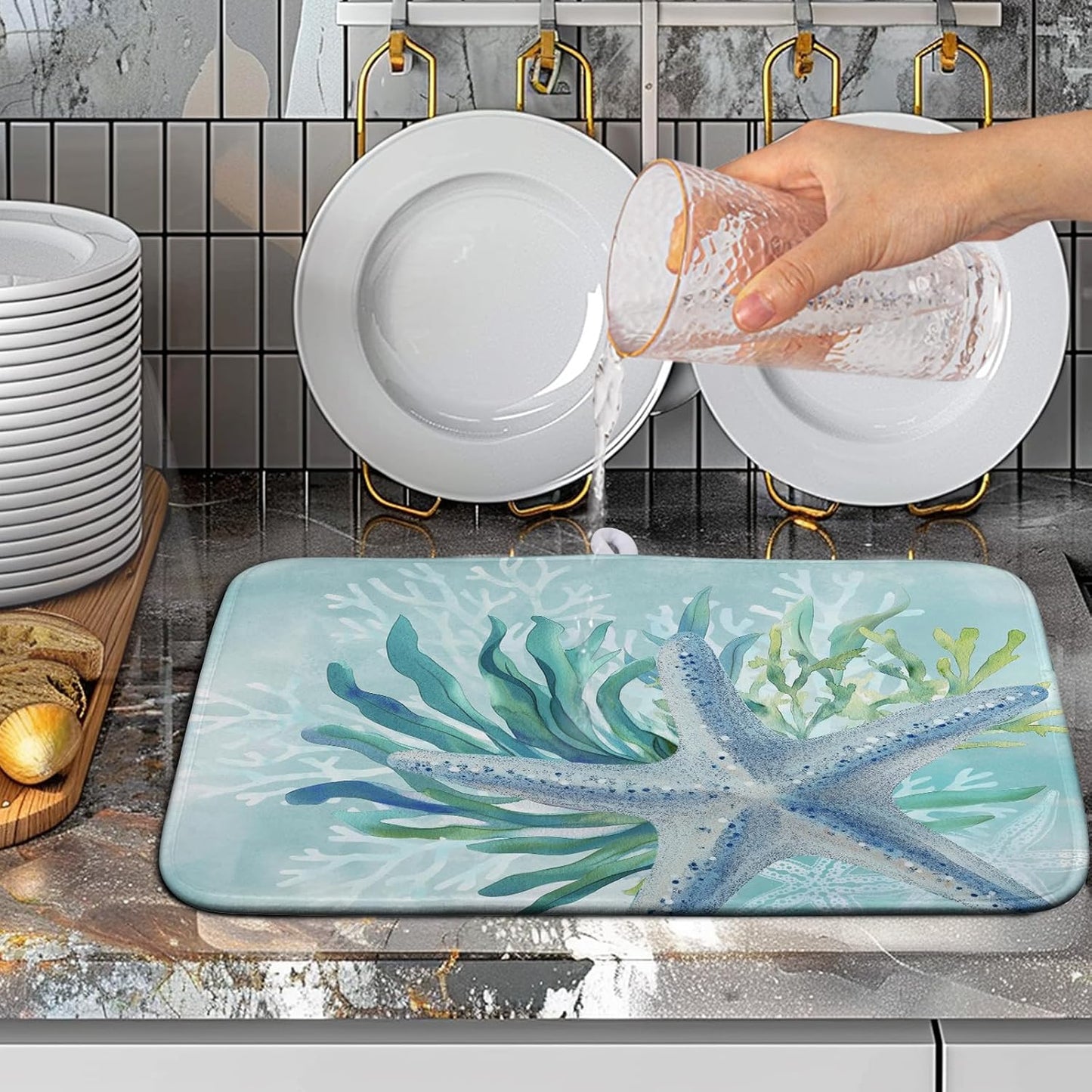 Summer Coastal Dish Drying Mat for Kitchen Counter Nautical Beach Starfish Coral Dish Drying Pad Ocean Teal Blue Dish Mat Absorbent Microfiber Dishes Drainer Mats 16"x18"