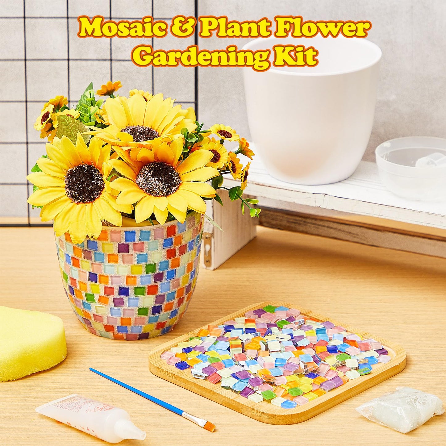Tioncy 2 Set Mother's Day Mosaic Coaster DIY Vase Mosaic Painting Kit for Adults Gift, DIY Arts and Craft Kits Vase Flower Accessories Art Kit for Room Decor Craft, Home Decor Gifts(Rainbow)