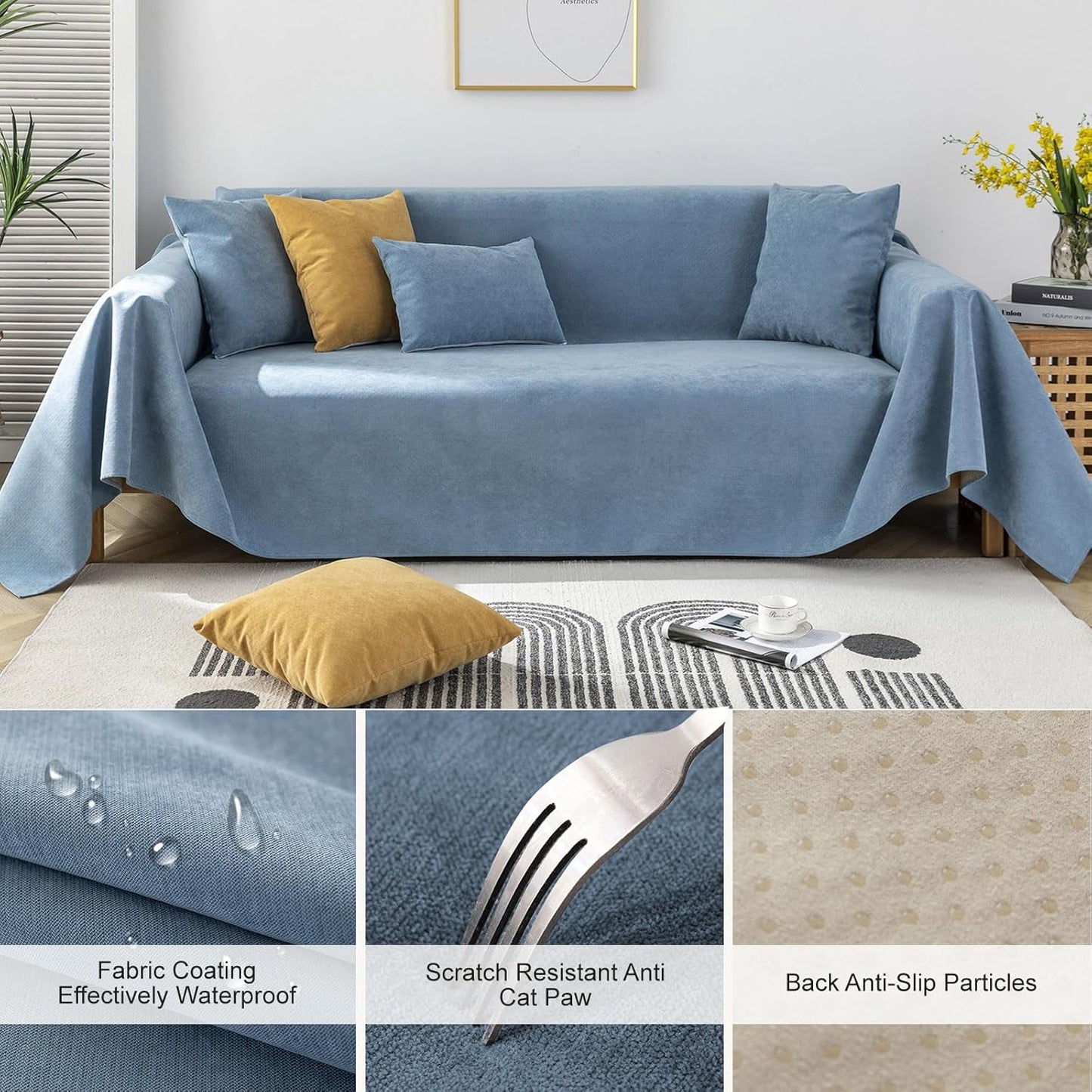 STACYPIK 100% Waterproof Blue Couch Cover for Pets, Sectional L Shape Sofa Cover for 2 Cushion Couch, Anti-Cat Scratch Furniture Protector Cover, Anti Slip Sofa Throw Cover for Dogs Kids-71x71IN