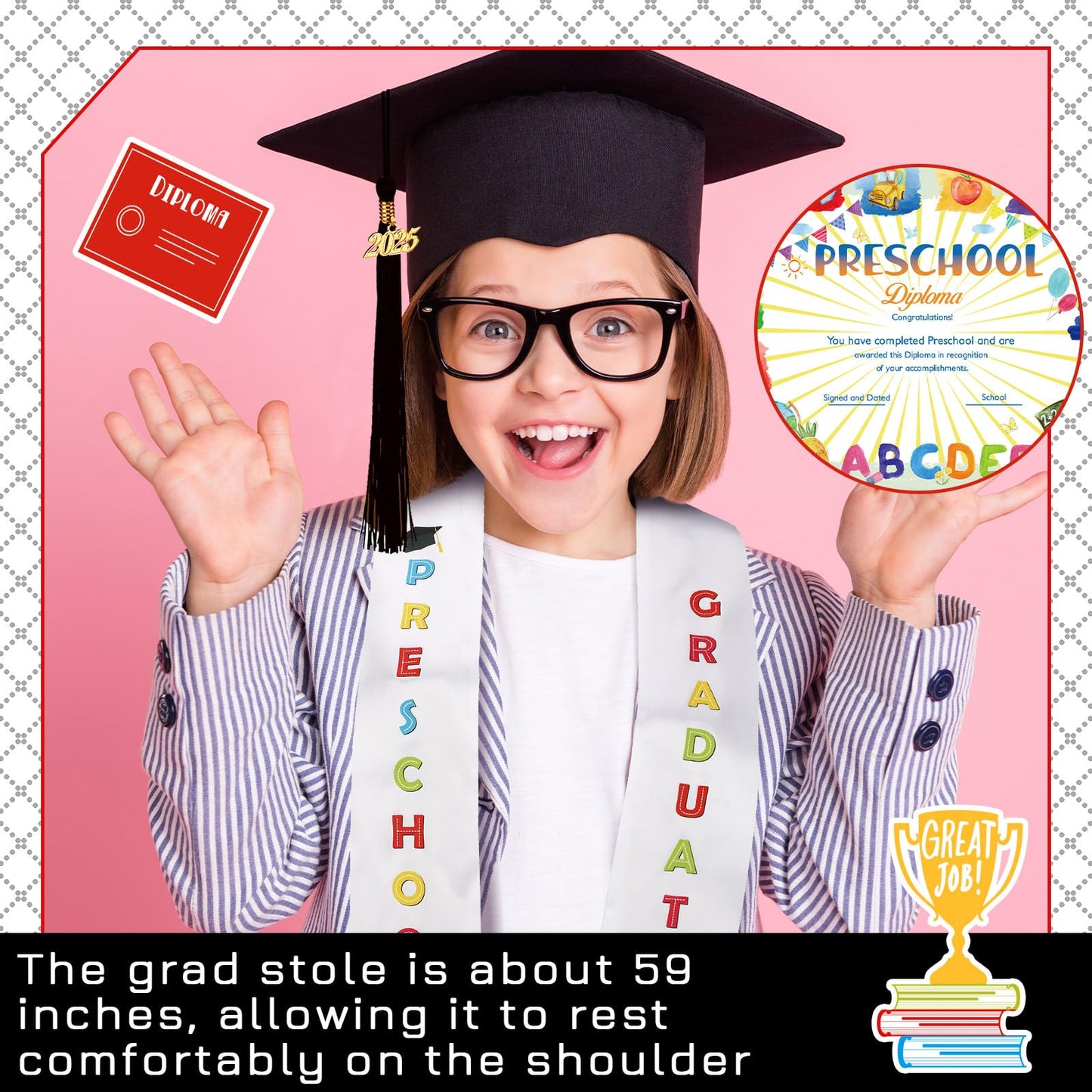 JaGely 3 Pcs Preschool Grade Graduation Set Graduation Cap with 2026 Tassel Graduation Stole Sash with Diploma Certificates Set for Students Supplies Teachers Parents Graduation Gifts