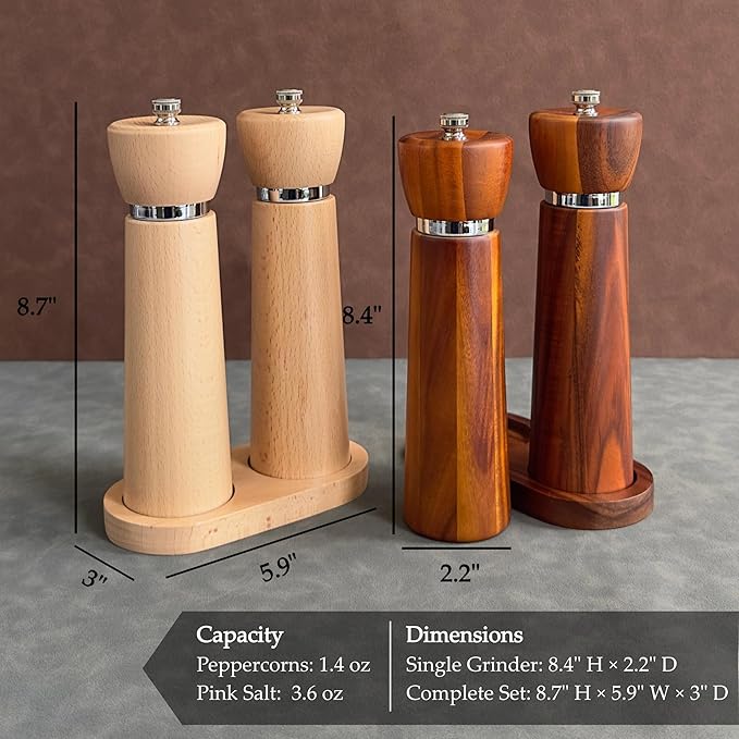 Wooden Pepper Grinder – Refillable Pepper Mill with Adjustable Upgraded Large Size Ceramic Burr – Manual Salt Grinder with Beech Wood Body – 8.3” Tall (Chestnut)