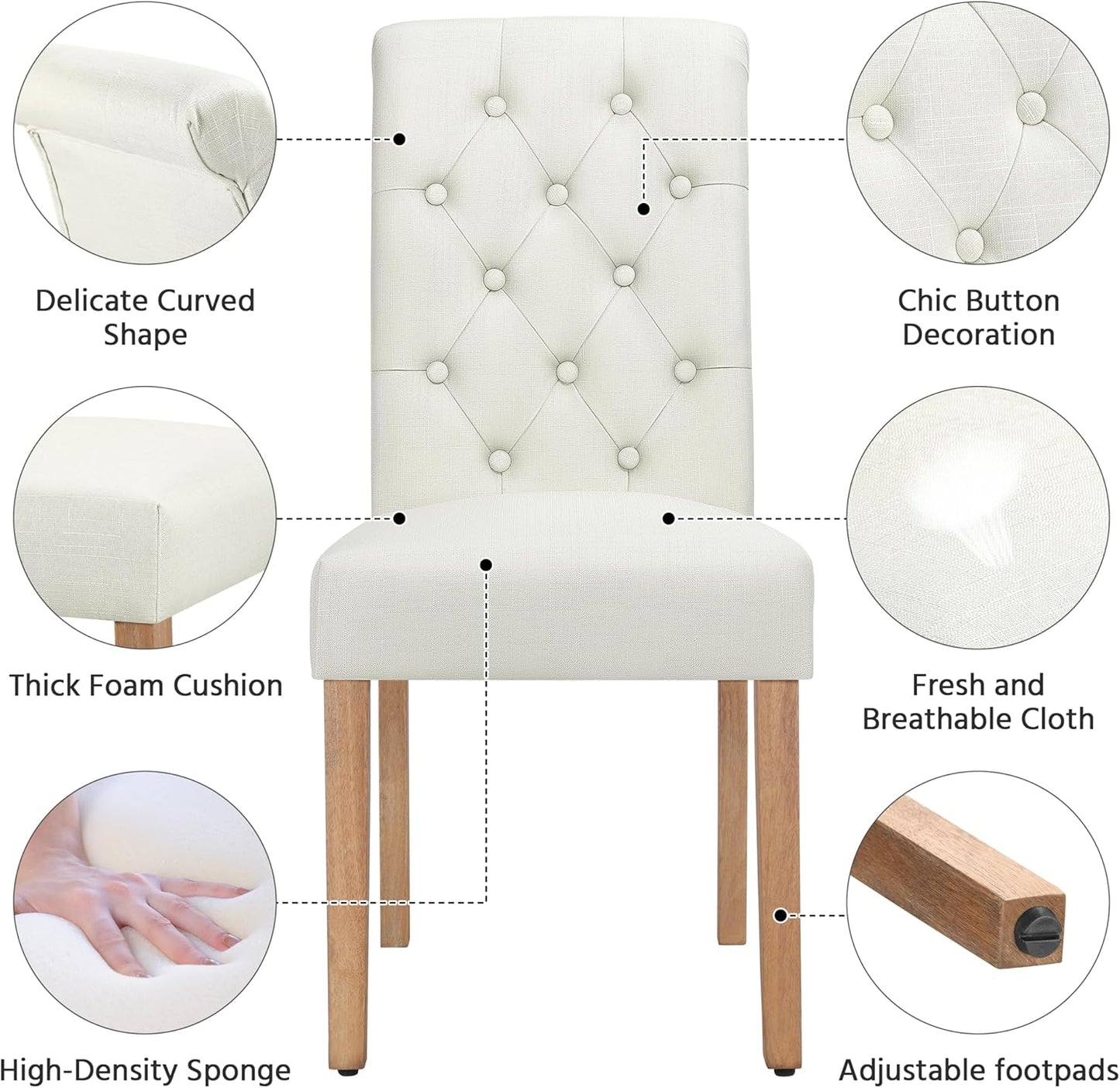 Yaheetech Dining Chairs Set of 2 Fabric Upholstered Dining Room Chairs with Button Tufted High Back and Solid Wood Legs for Kitchen/Living Room/Restaurant, Modern Style, Beige