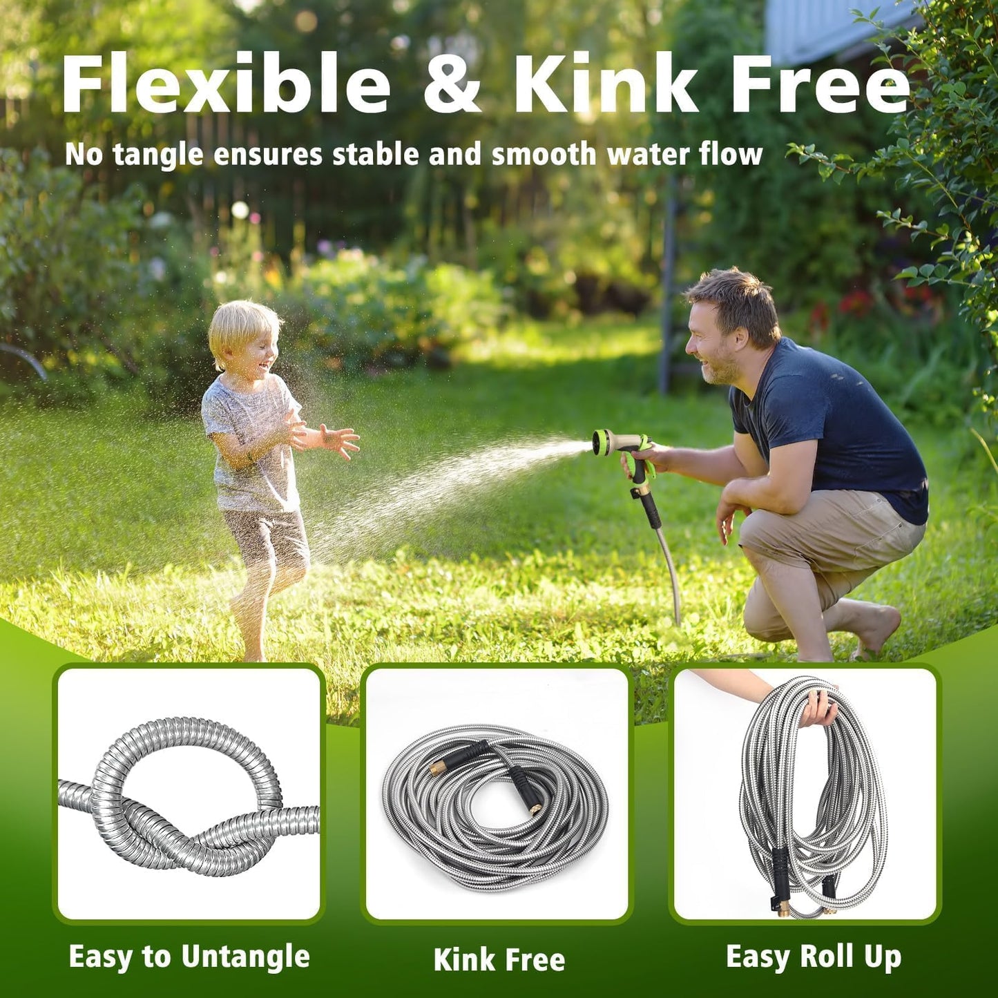 Svansea Metal Garden Hose 100ft Stainless Steel Hose Heavy Duty Flexible Water Hose with 10 Way Spray Nozzle 3/4 Solid Brass Fittings-Outdoor Yard Lightweight No Kink Leak Resistant Water Pipe