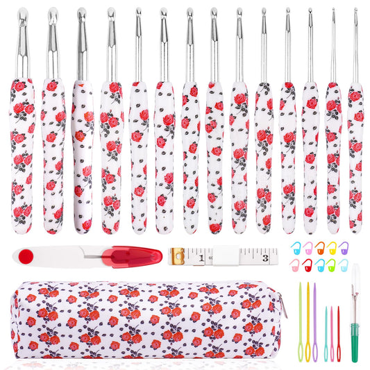 Weabetfu Crochet Hook Set 14Pcs Hand-Rubber Crochet Needles 2.25mm(B)-10mm(N) Streamline Crochet Hooks for Arthritic Hands Rose Metal Knitting Needles with Storage Case